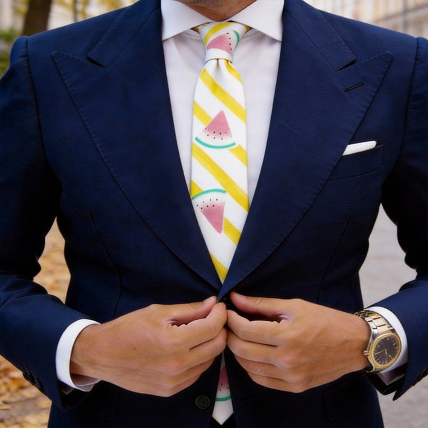 White with Yellow & Pink Stripes & Watermelon Necktie