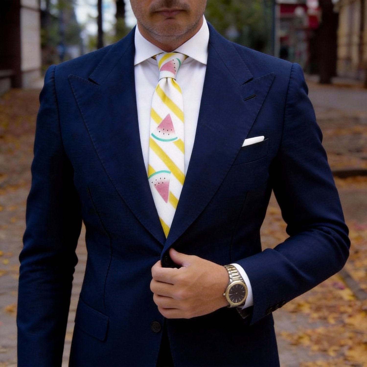 White with Yellow & Pink Stripes & Watermelon Necktie