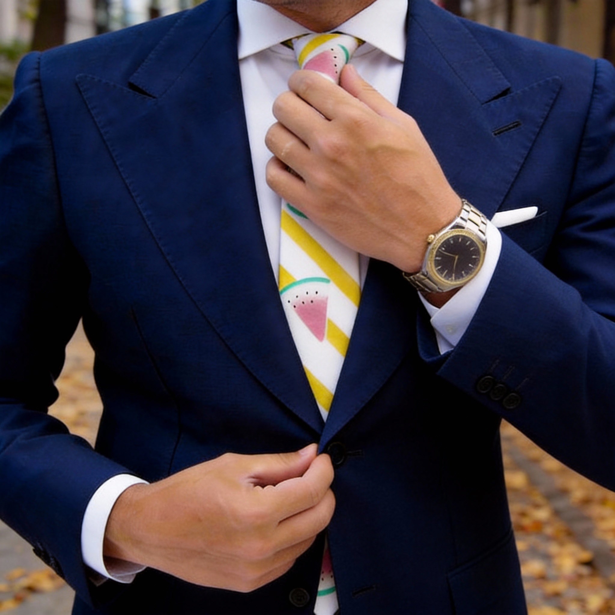 White with Yellow & Pink Stripes & Watermelon Necktie