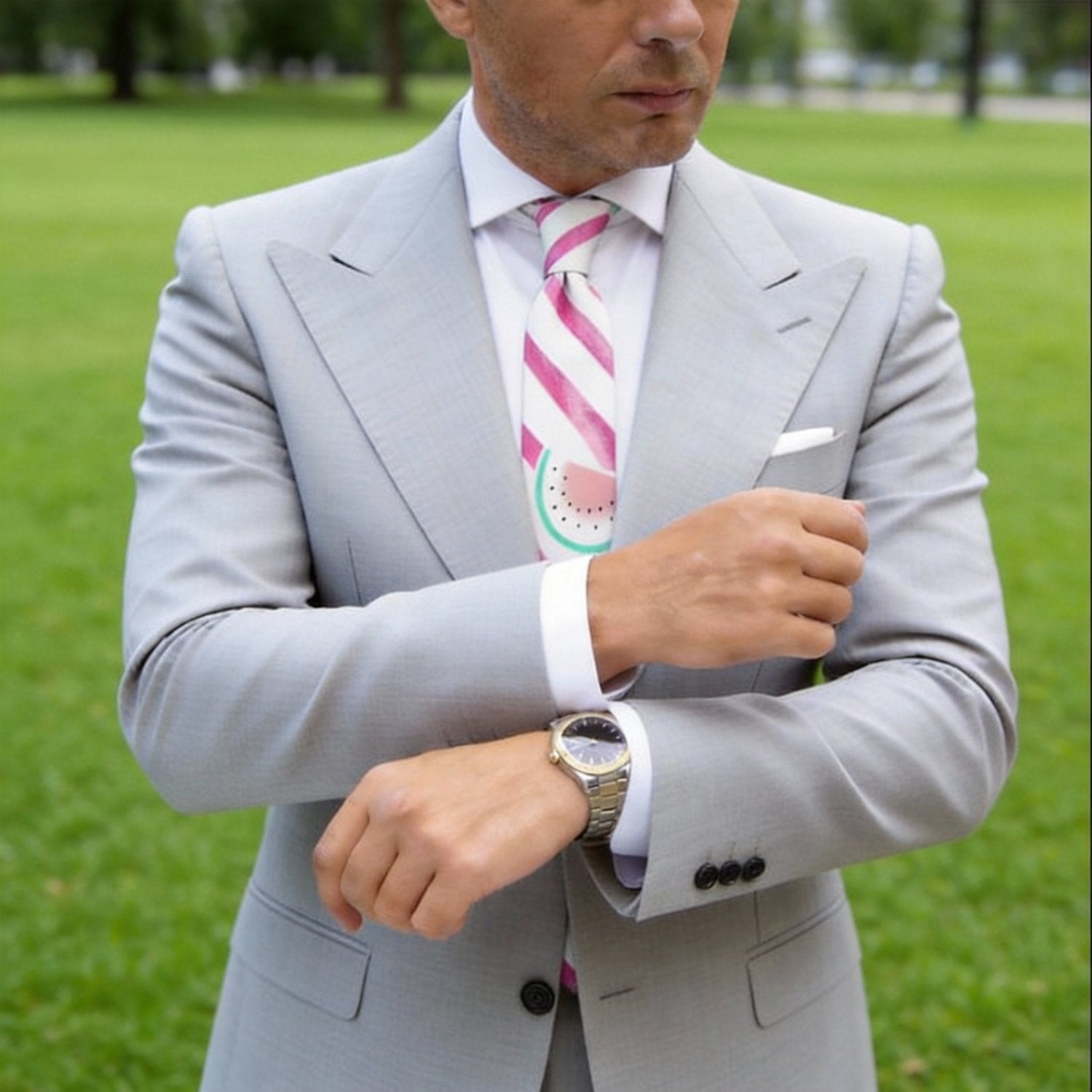 White With Pink Watermelon & Stripes Necktie