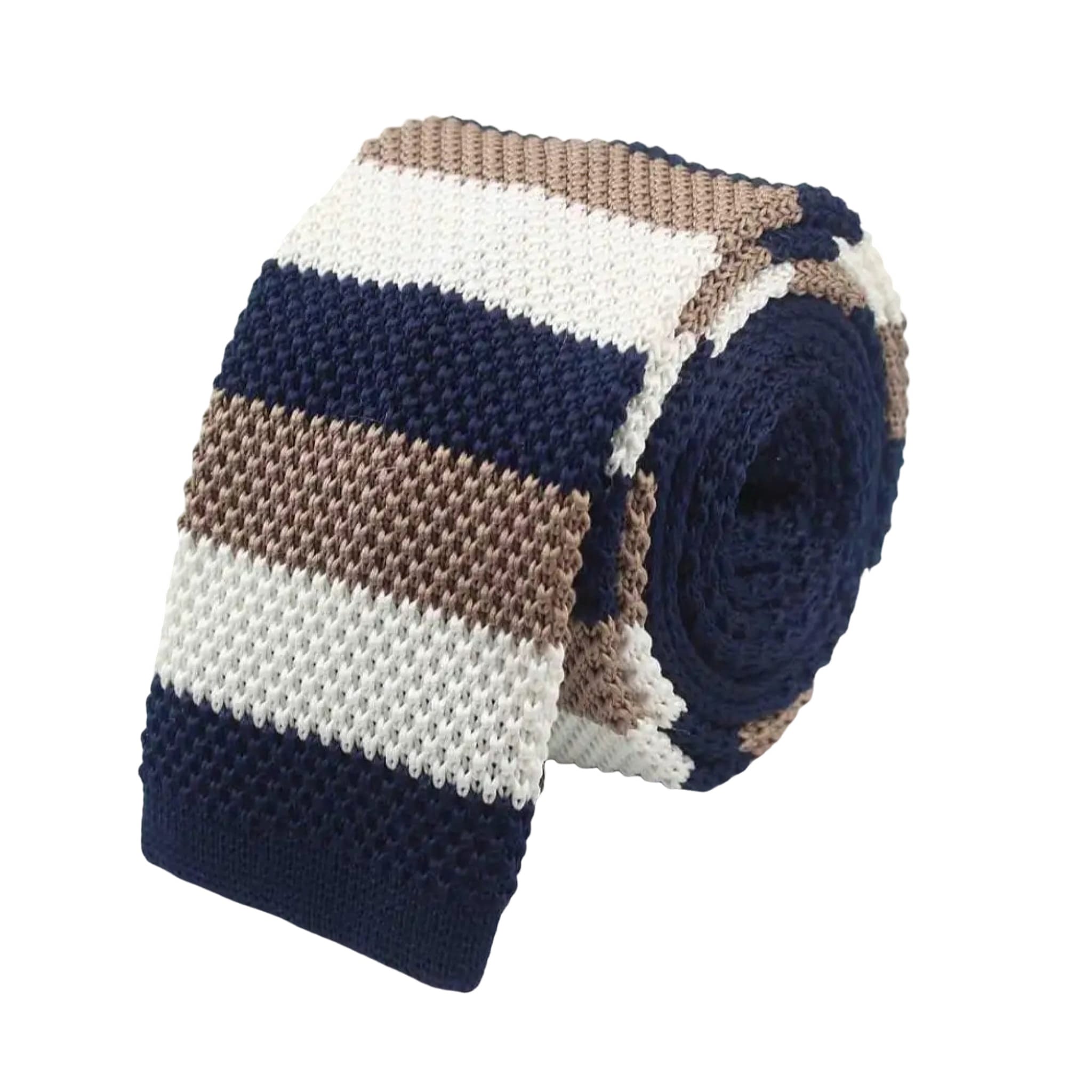Navy White Beige Striped Knitted Tie