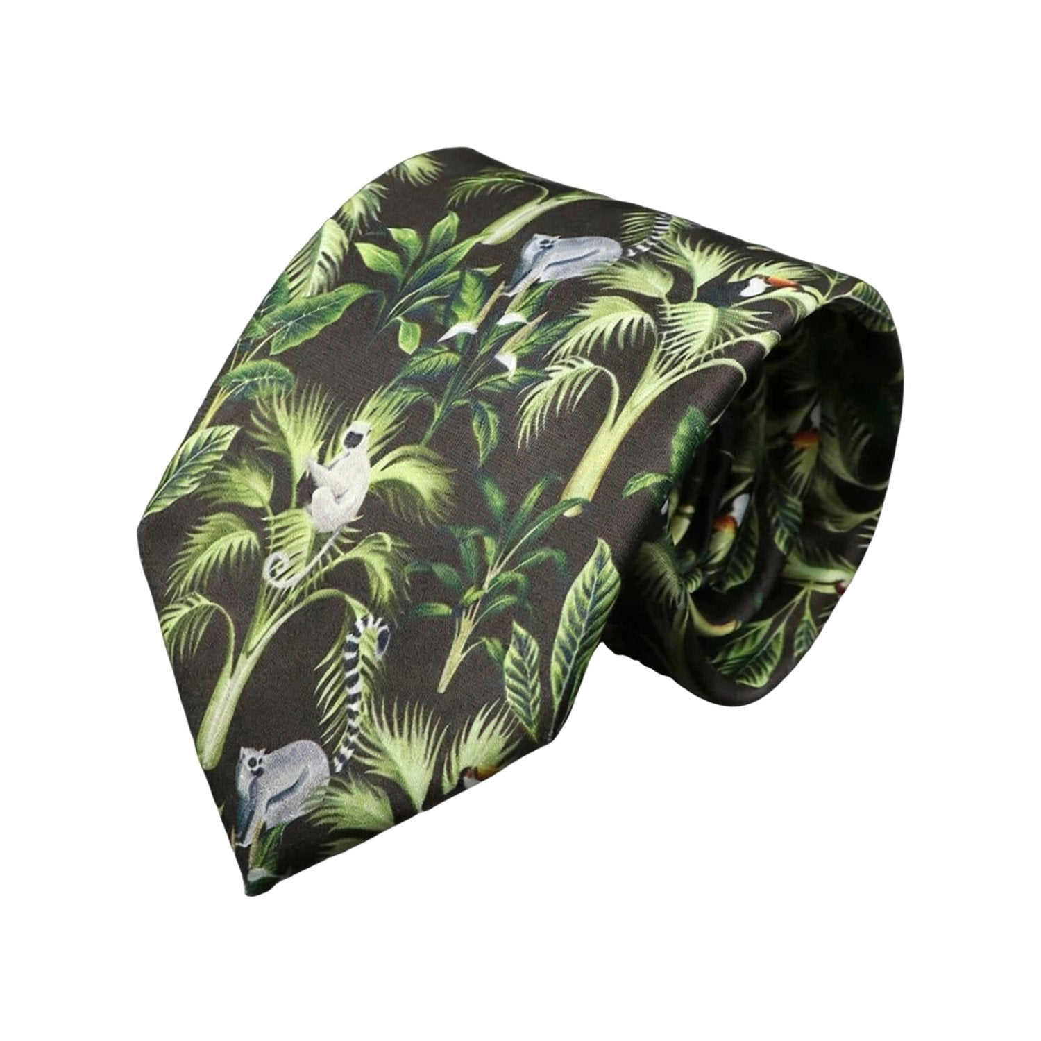 Black with Green Tropical Plant & Animal Necktie