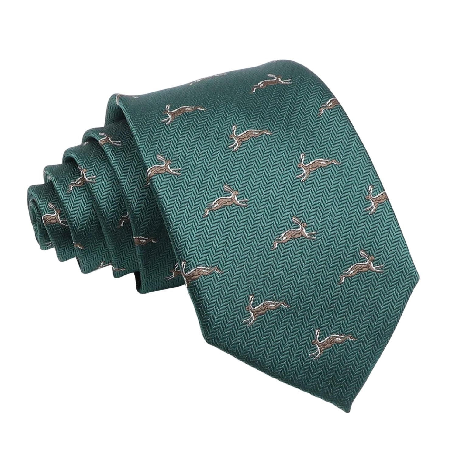 Dark Green With Brown Leaping Hares Necktie