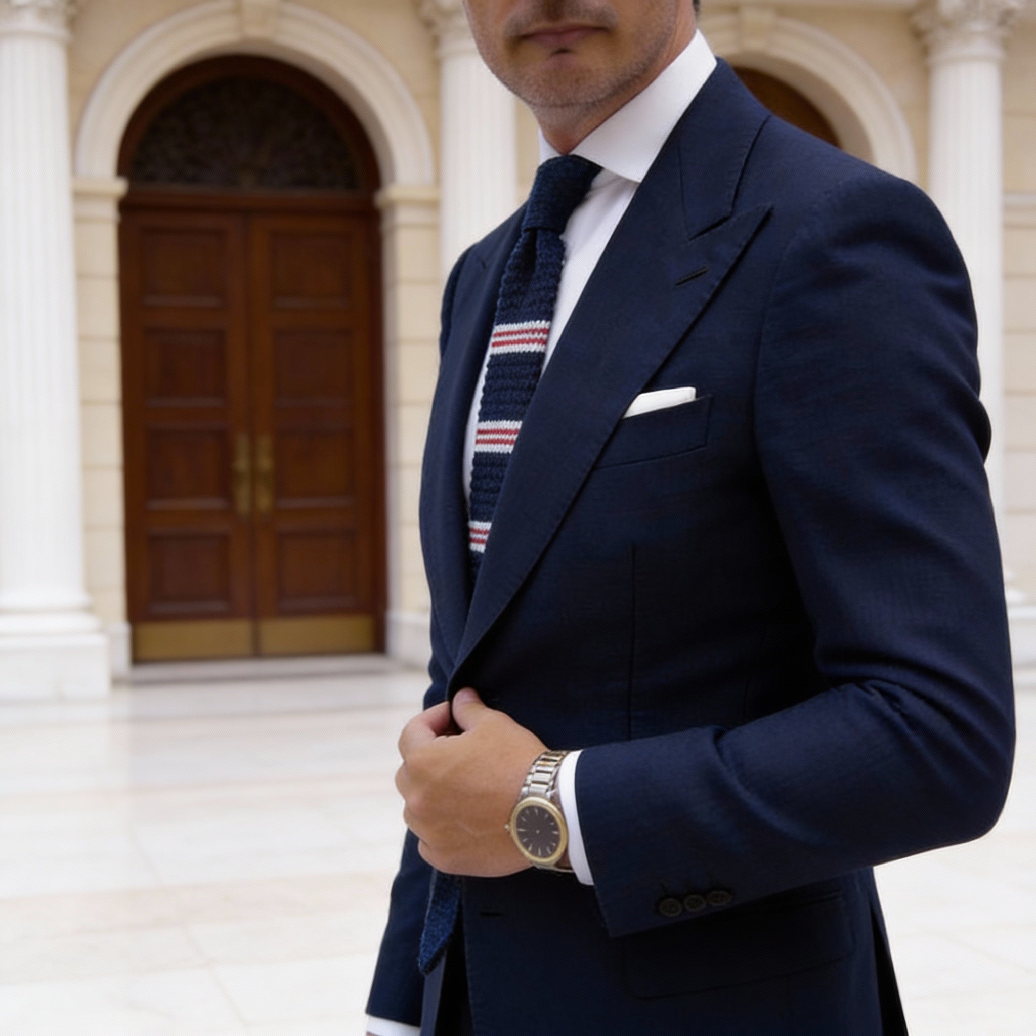 Navy Blue With Red White Striped Knitted Necktie