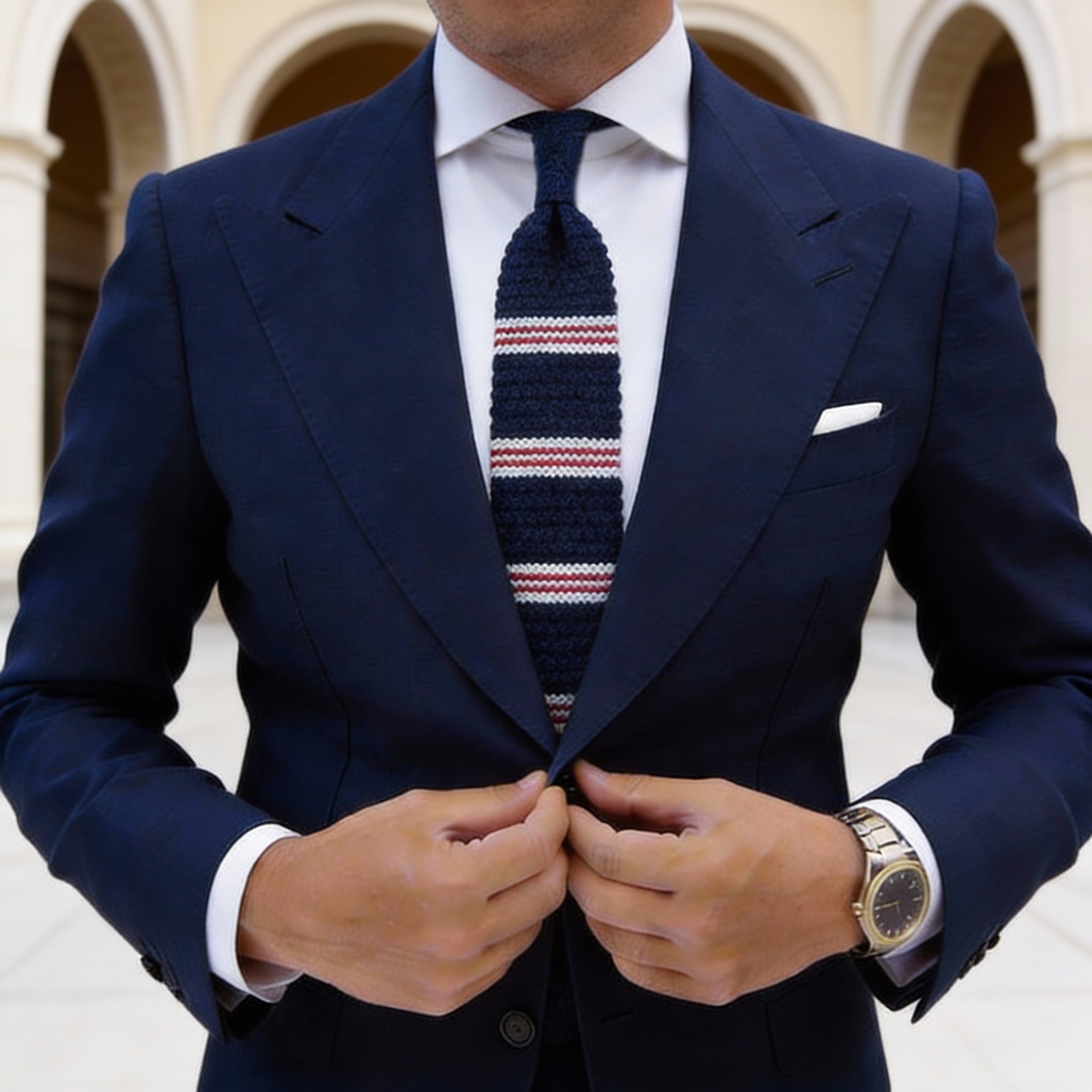 Navy Blue With Red White Striped Knitted Necktie