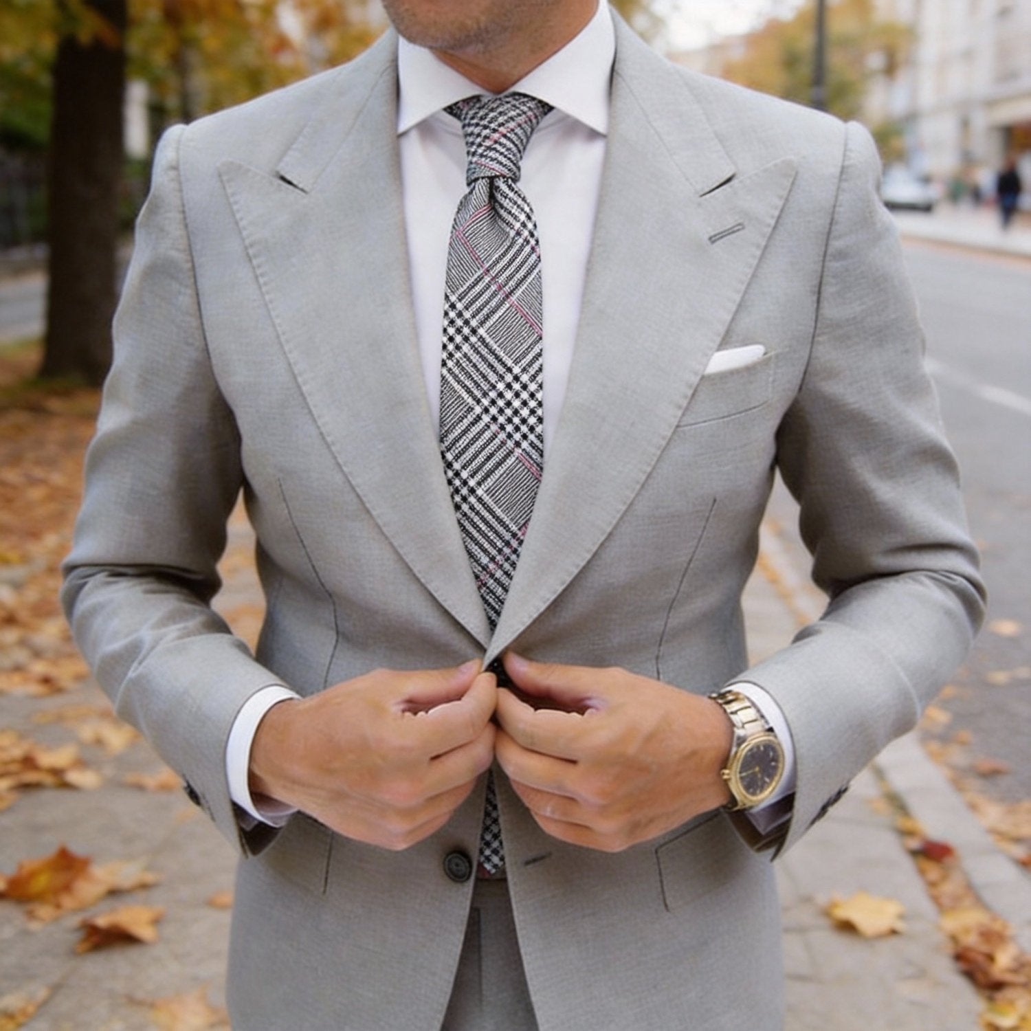 White With Black And Pink Plaid Necktie