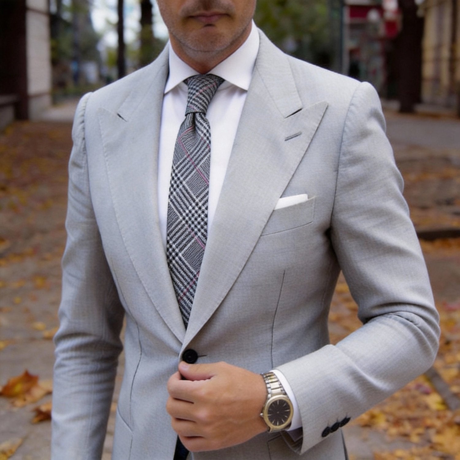 White With Black And Pink Plaid Necktie