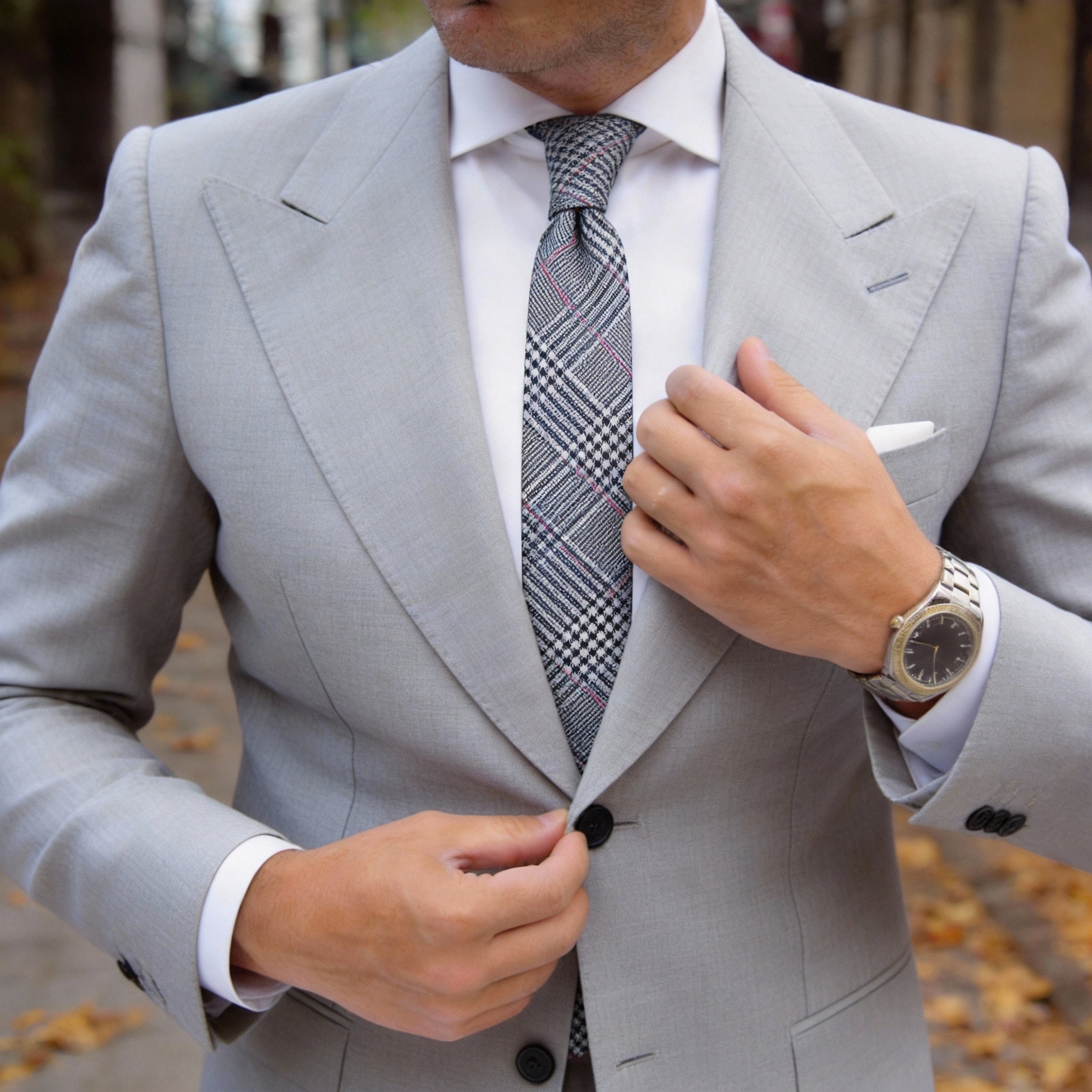 White With Black And Pink Plaid Necktie