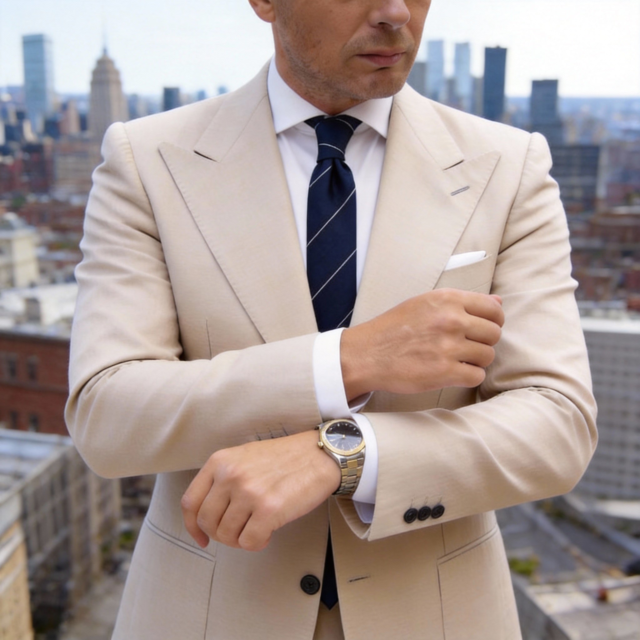 Dark Blue Necktie With White Thin Stripes