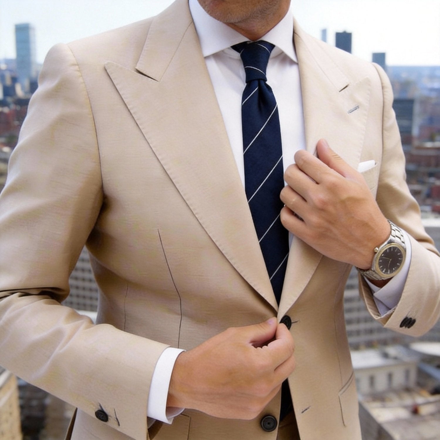 Dark Blue Necktie With White Thin Stripes