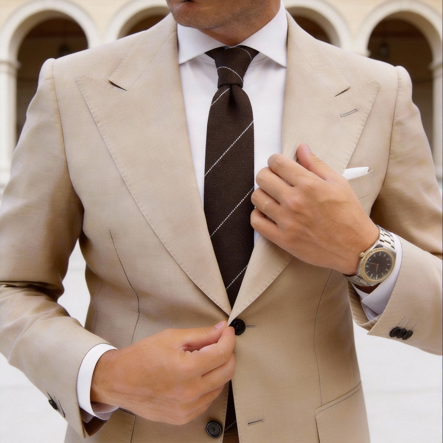 Brown With White Striped Necktie
