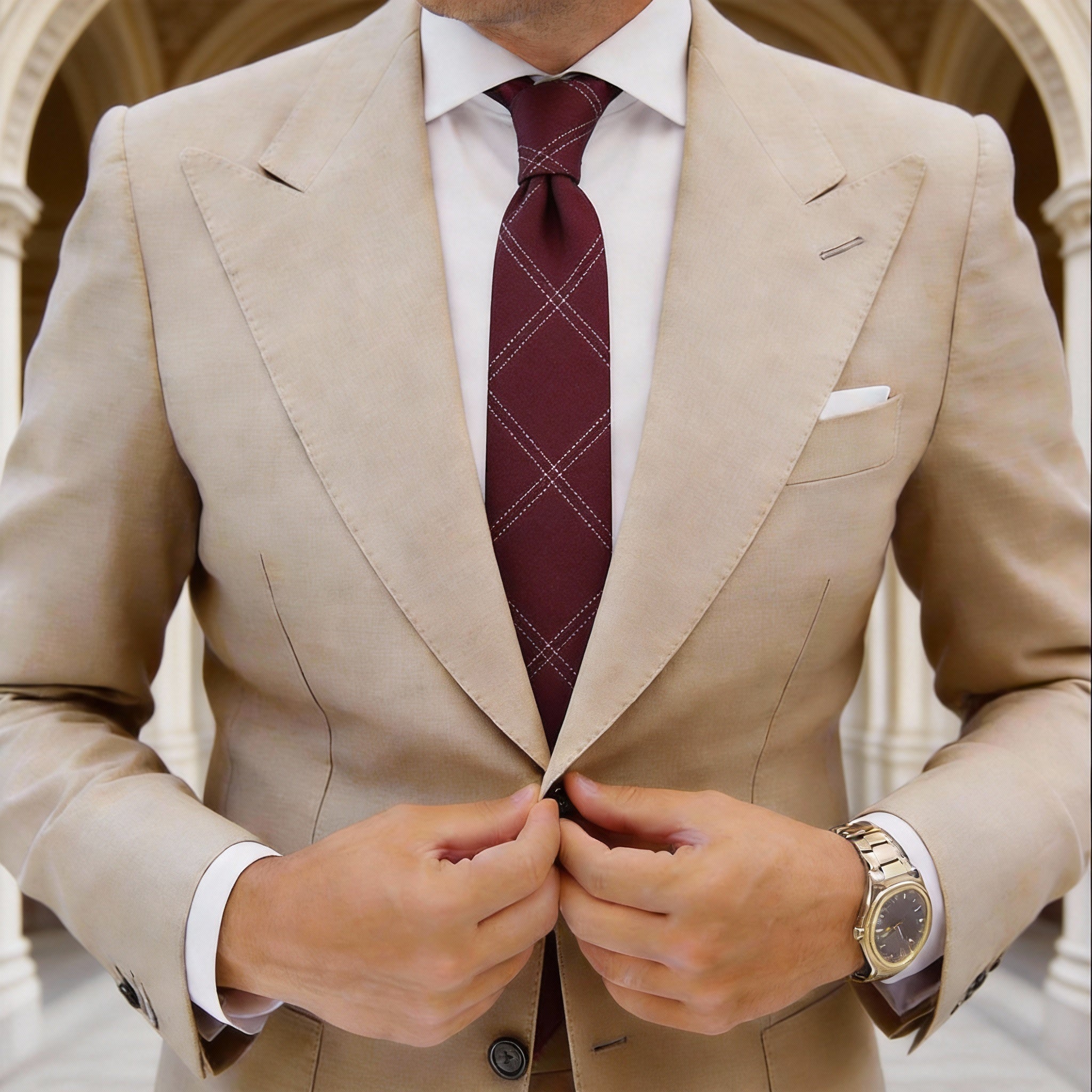 Burgundy Necktie With White Grid