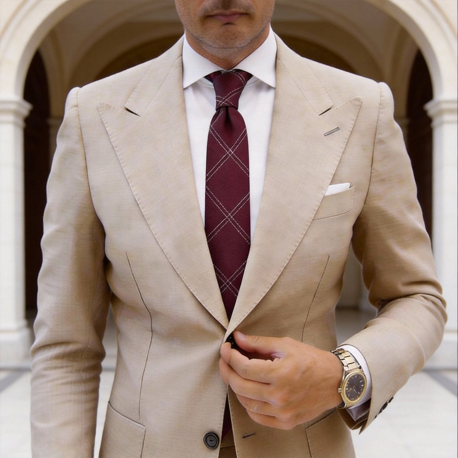 Burgundy Necktie With White Grid
