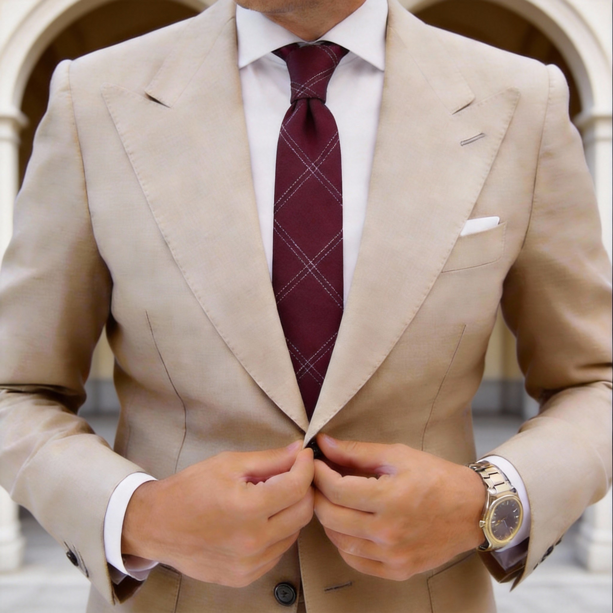 Burgundy Necktie With White Grid