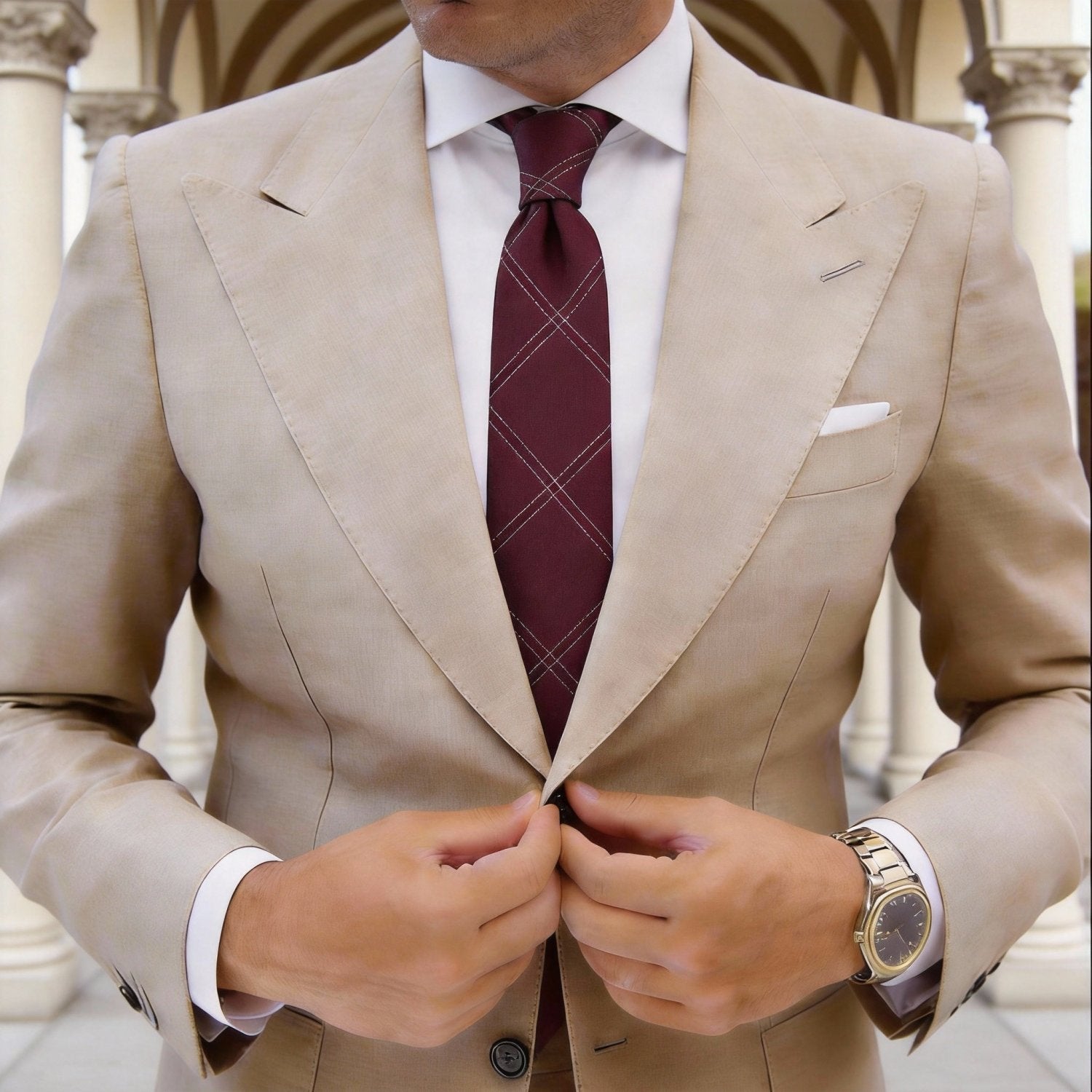 Burgundy Necktie With White Grid