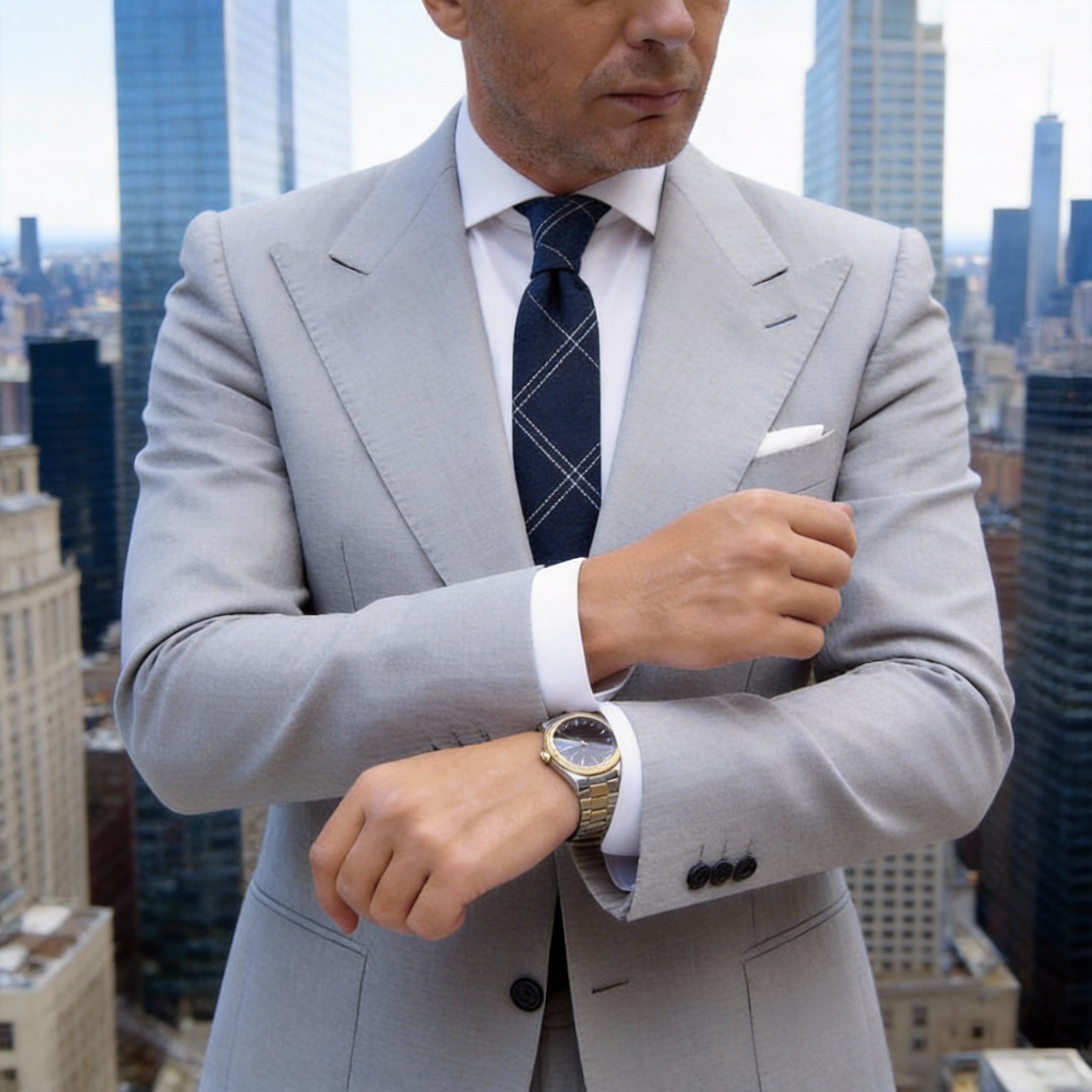 Navy With White Grid Necktie