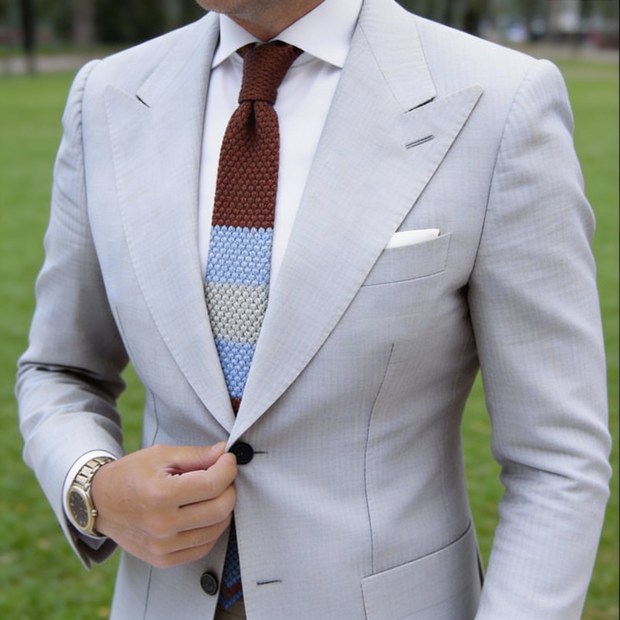 Brown With Light Blue Gray Striped Knitted Necktie