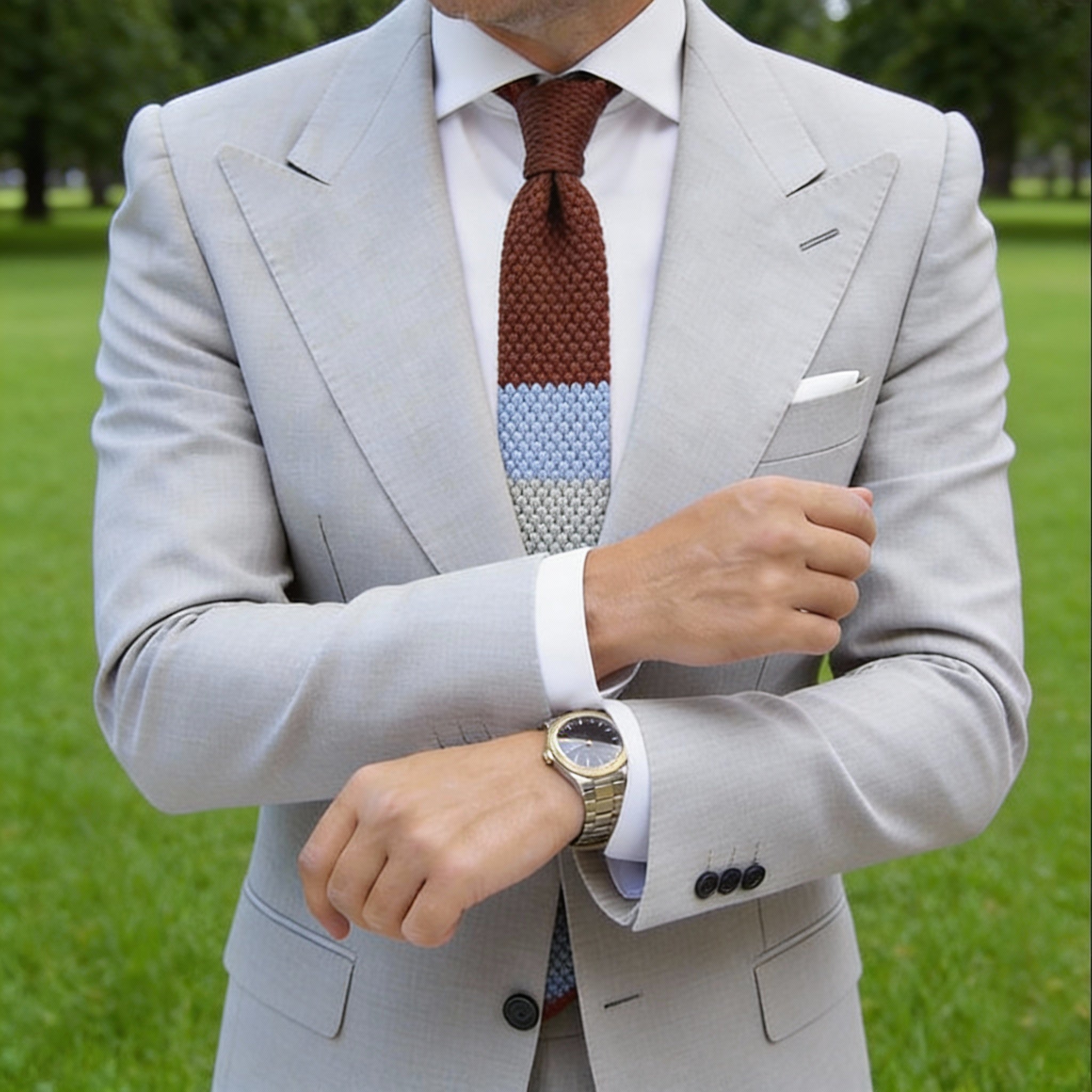 Brown With Light Blue Gray Striped Knitted Necktie