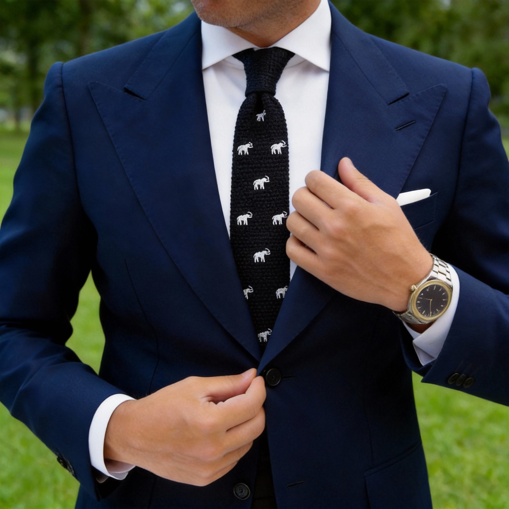 Black With White Elephant Knitted Necktie