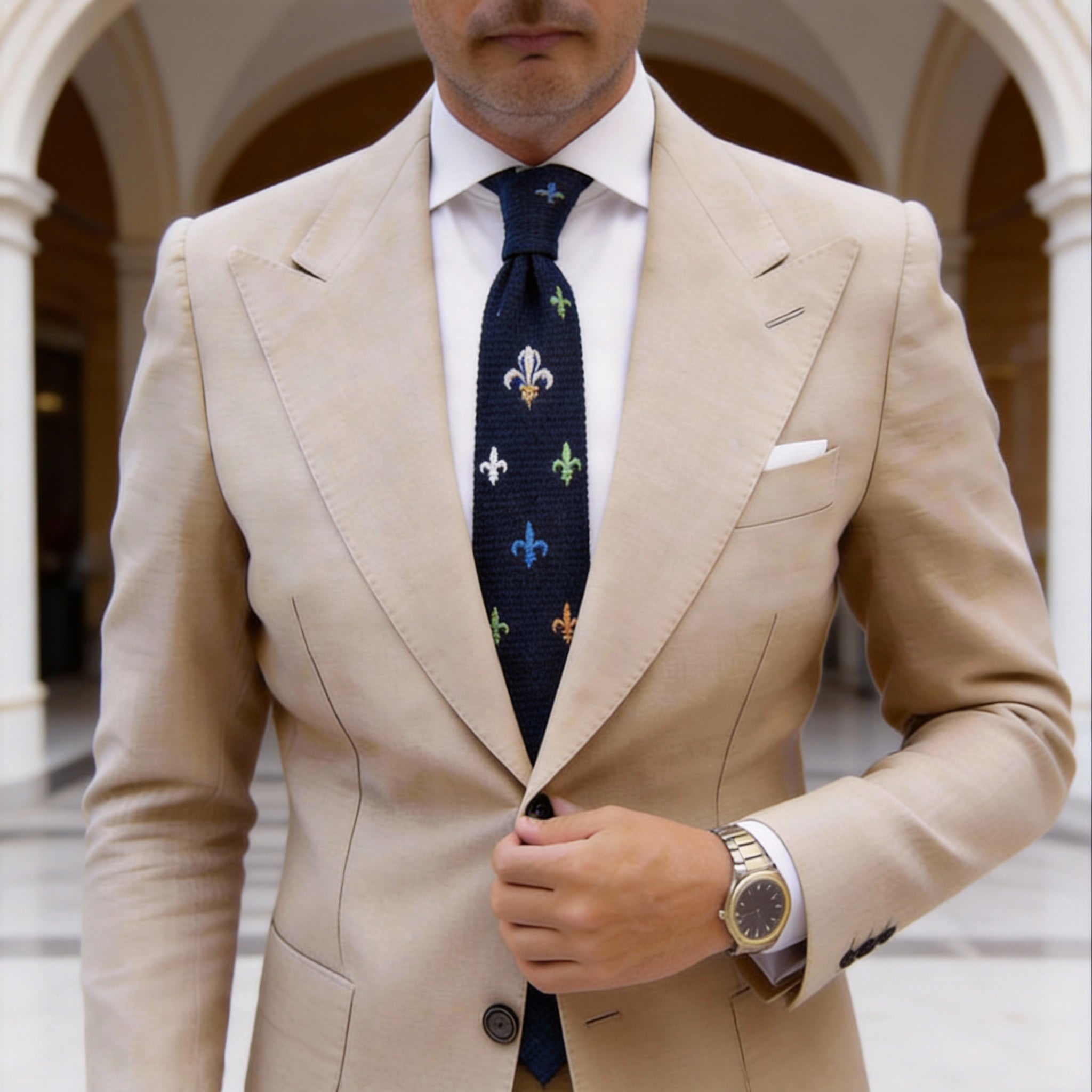 Navy Blue With Colored Fleur-De-Lis Necktie