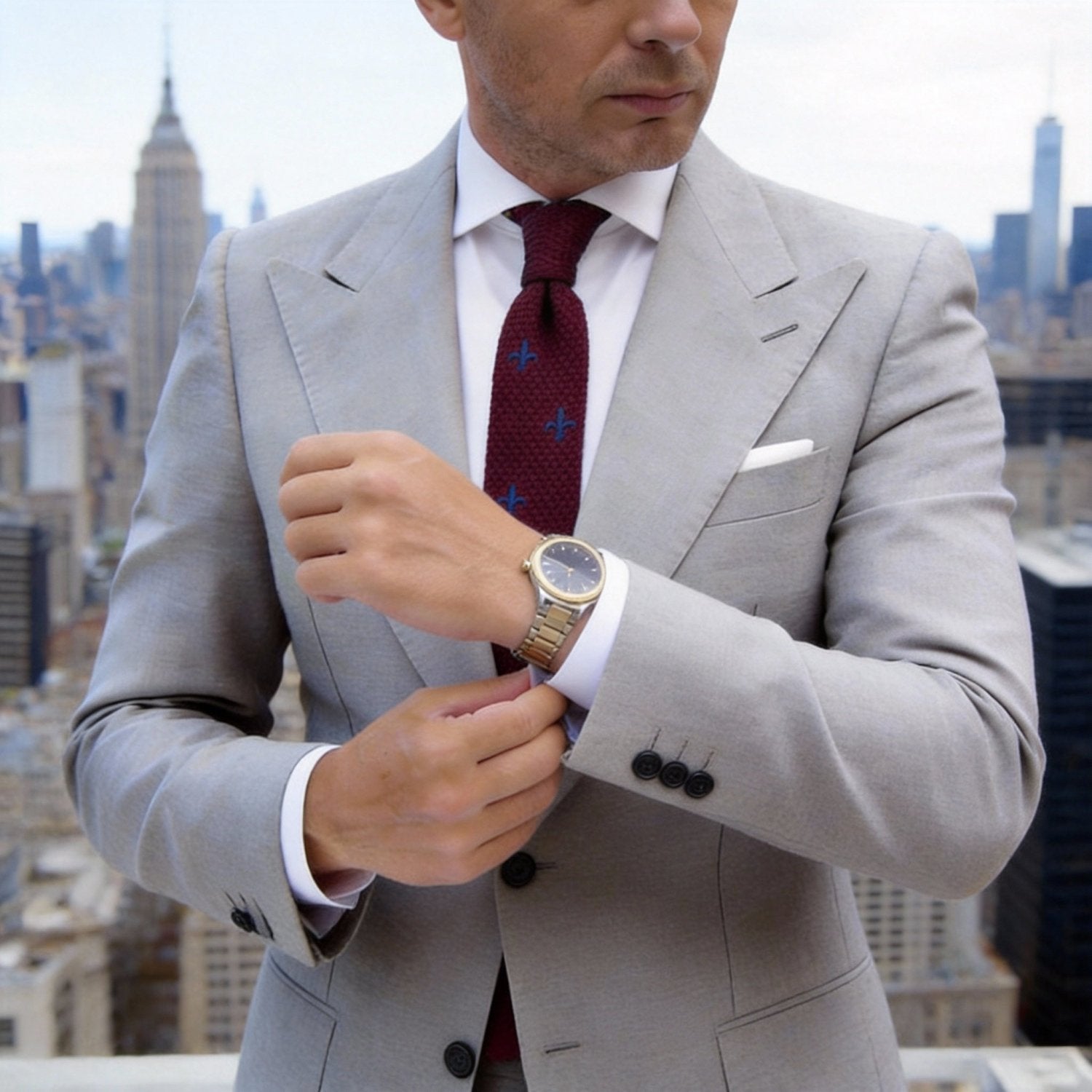 Burgundy With Blue Fleur-de-lis Necktie