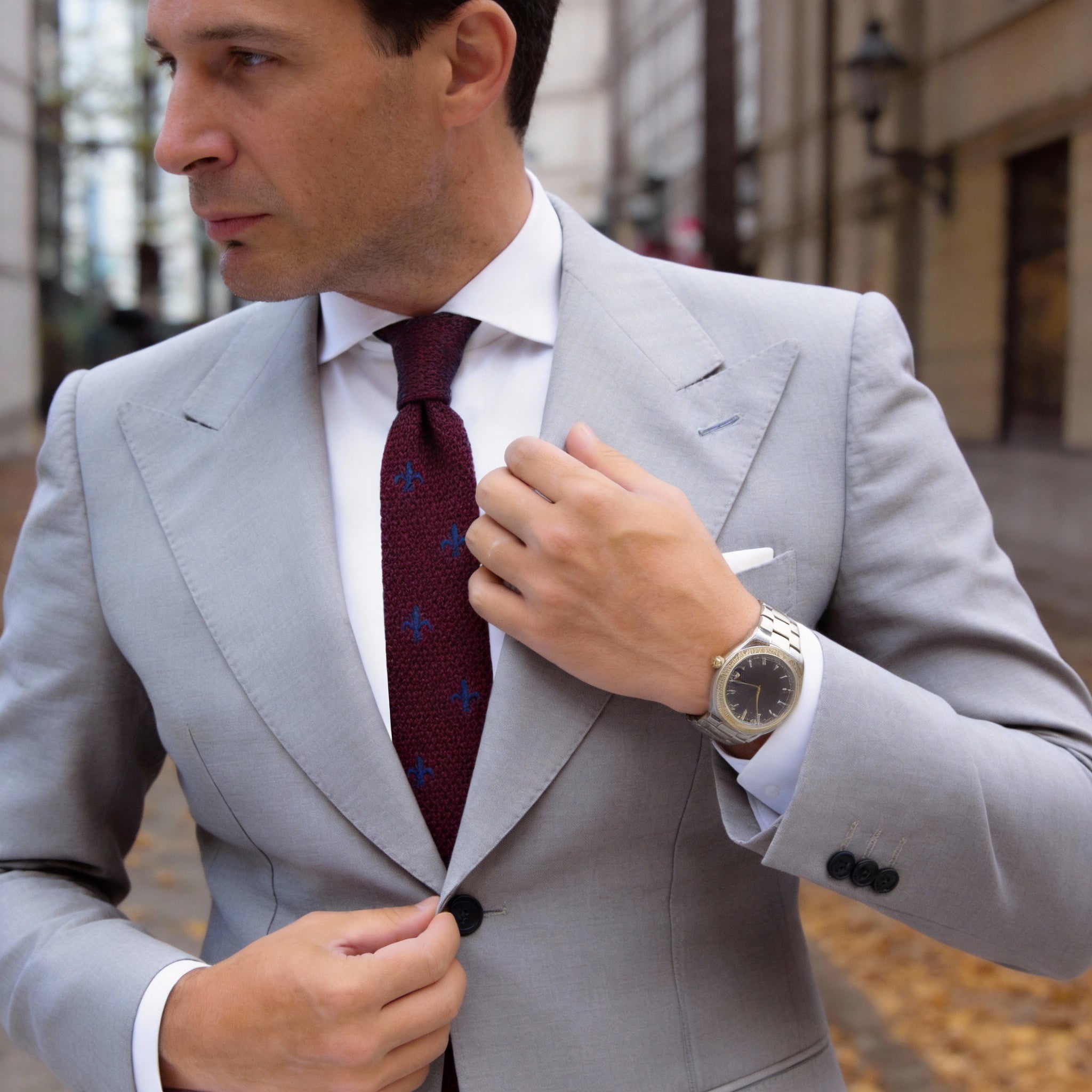 Burgundy With Blue Fleur-de-lis Necktie