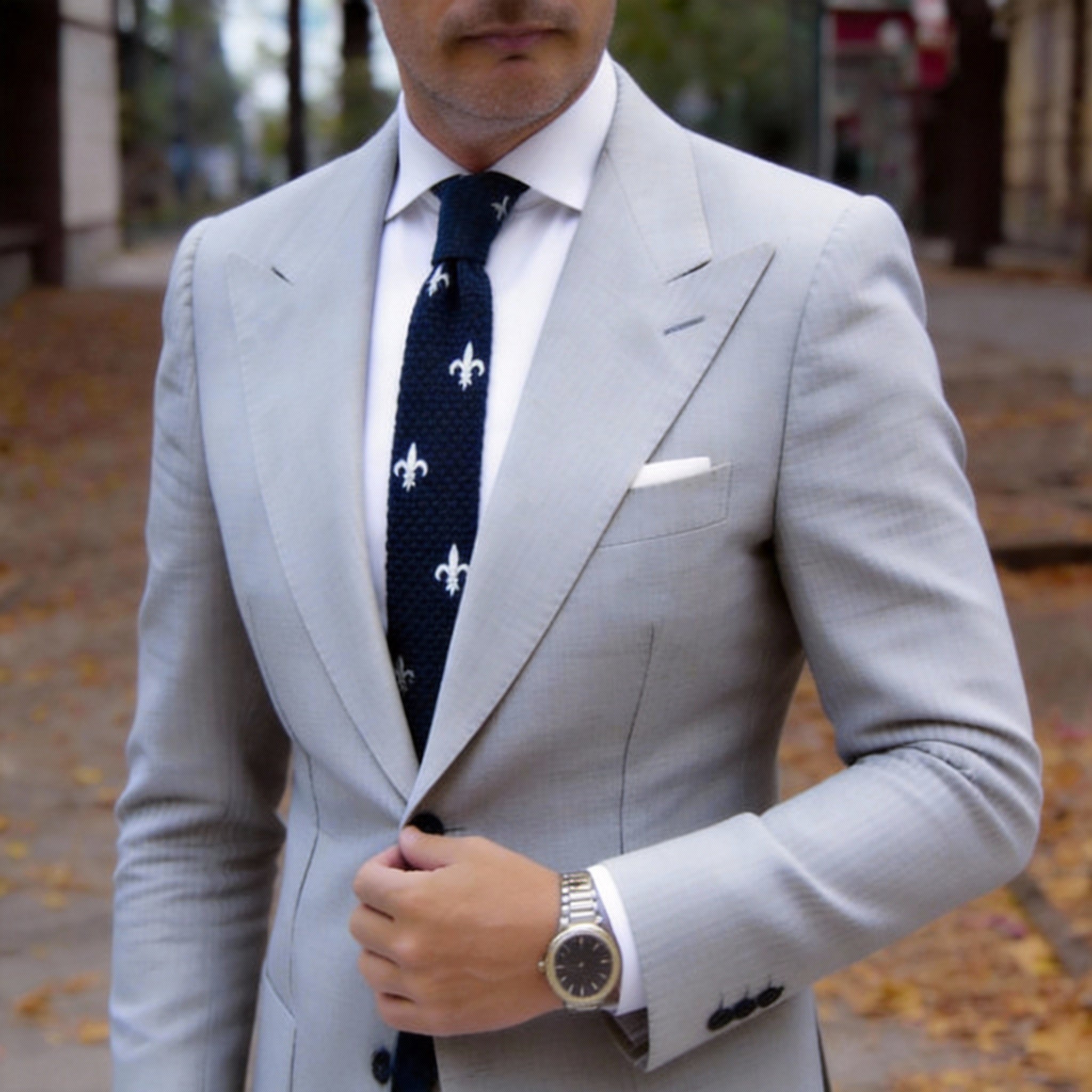 Navy Blue With White Fleur-De-Lis Necktie