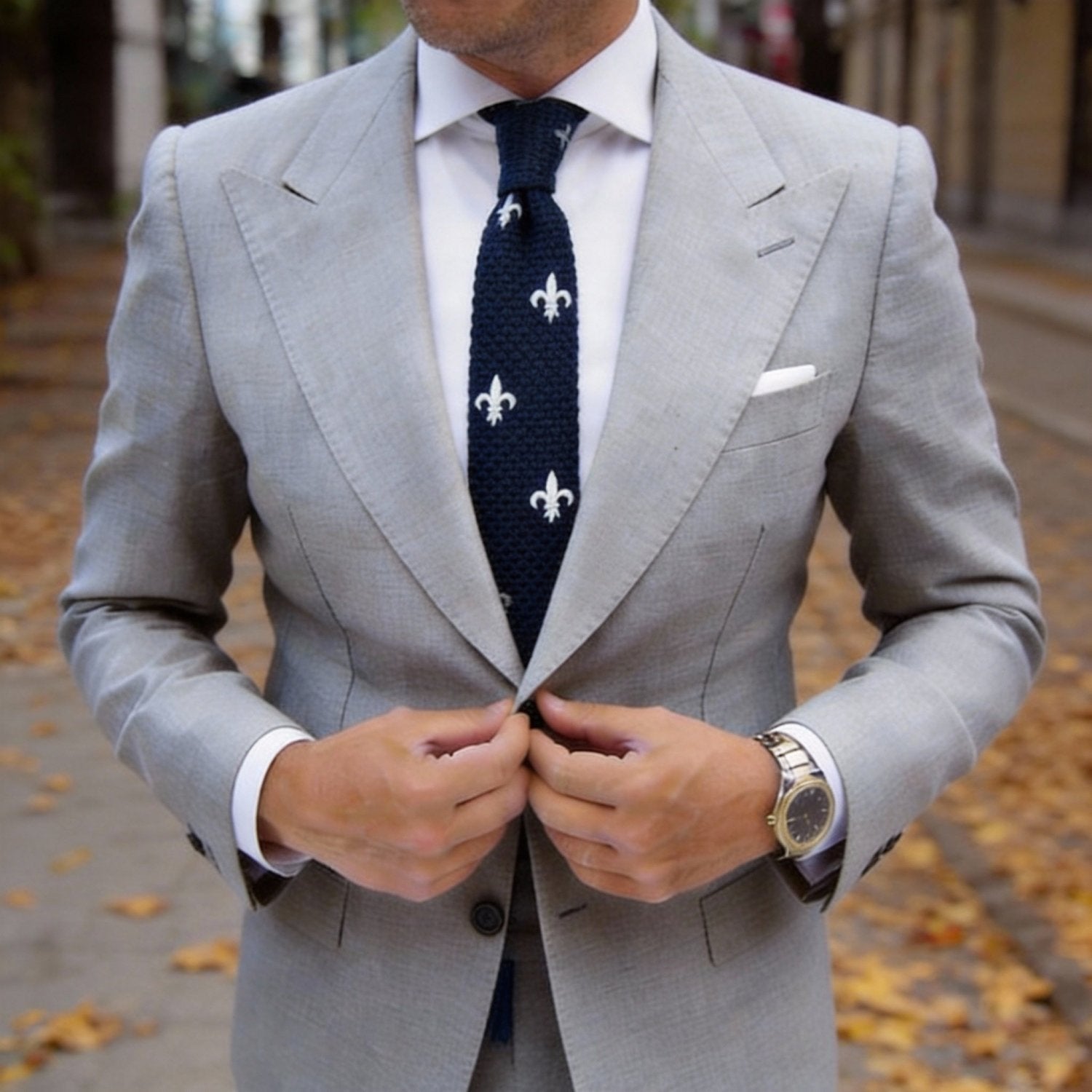 Navy Blue With White Fleur-De-Lis Necktie