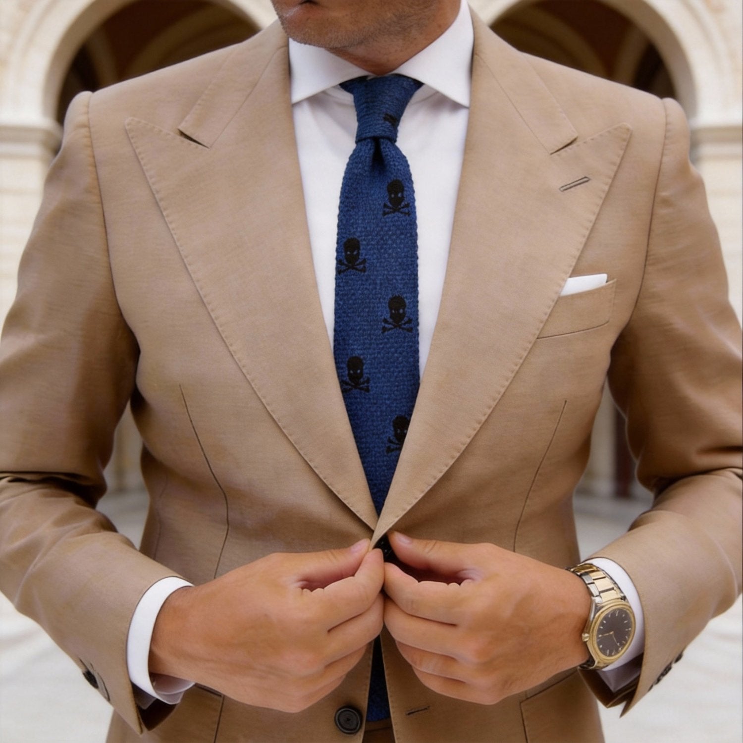 Blue Necktie With Black Skull & Crossbones
