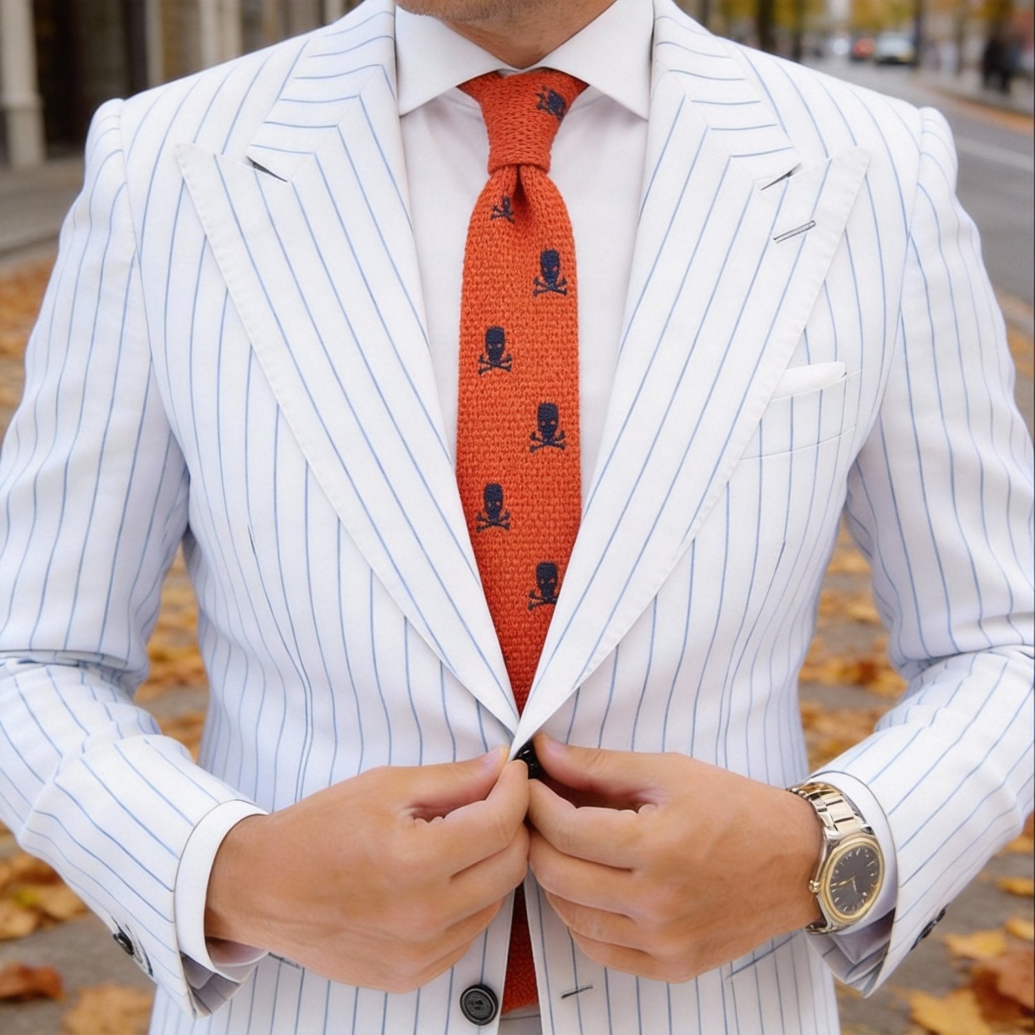 Orange With Blue Skull And Crossbones Necktie