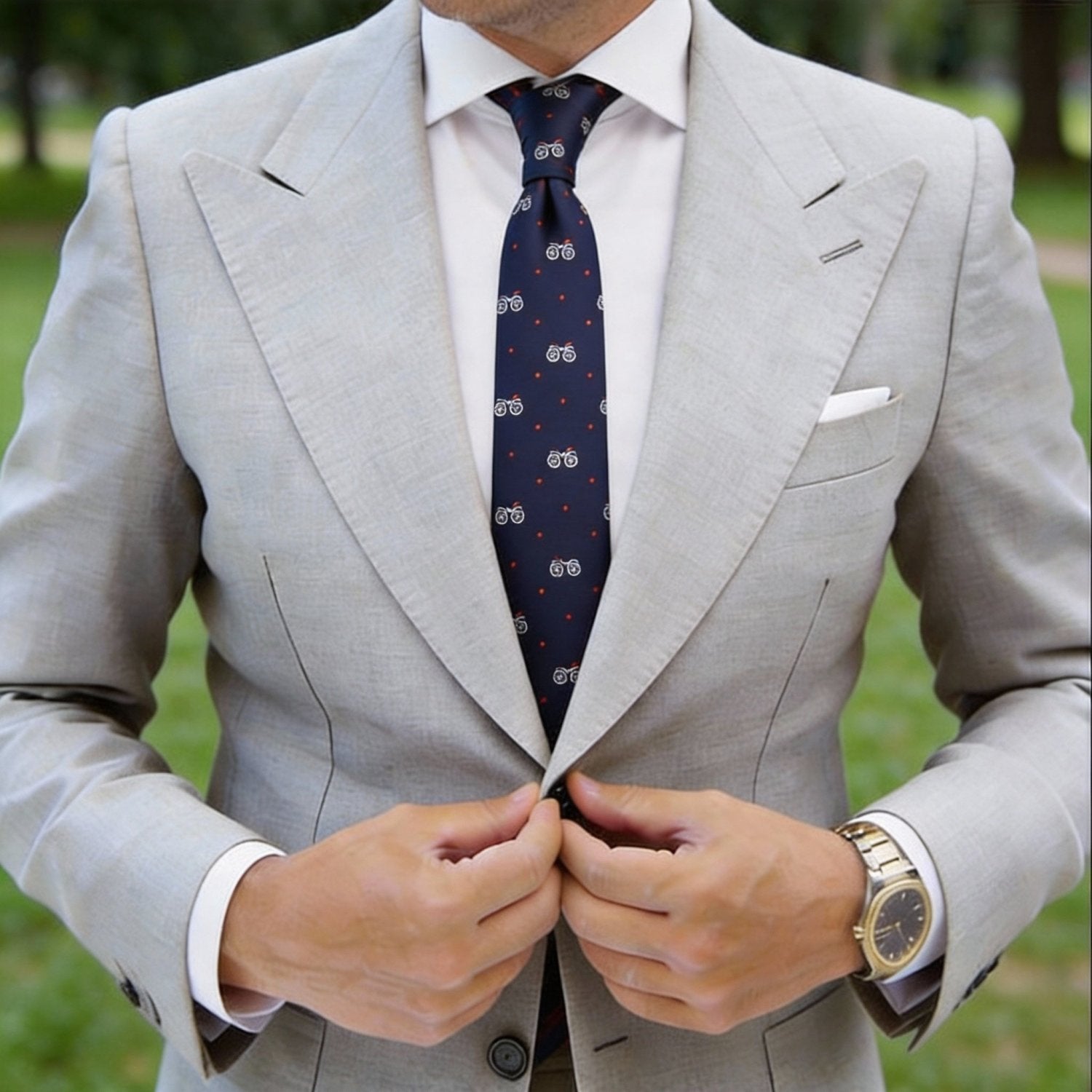 Navy Blue With White Bicycle & Orange Dot Necktie