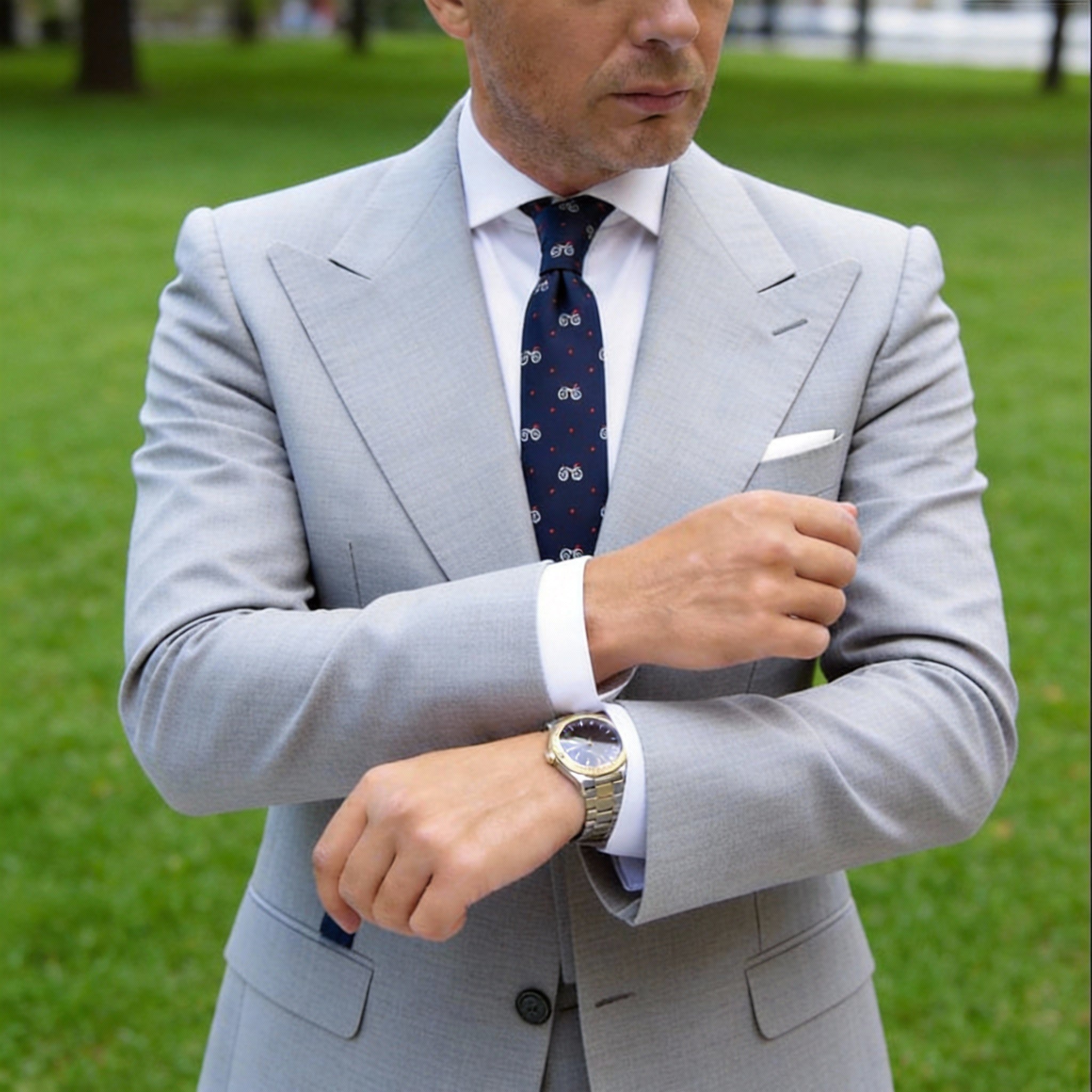 Navy Blue With White Bicycle & Orange Dot Necktie