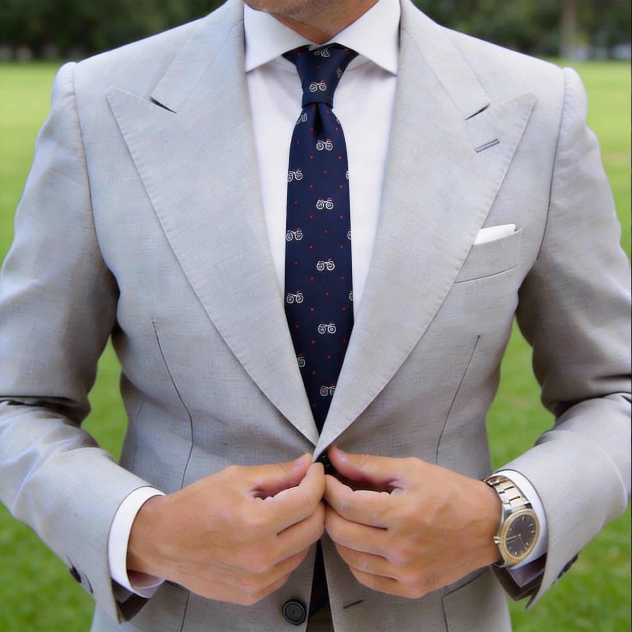 Navy Blue With White Bicycle & Orange Dot Necktie