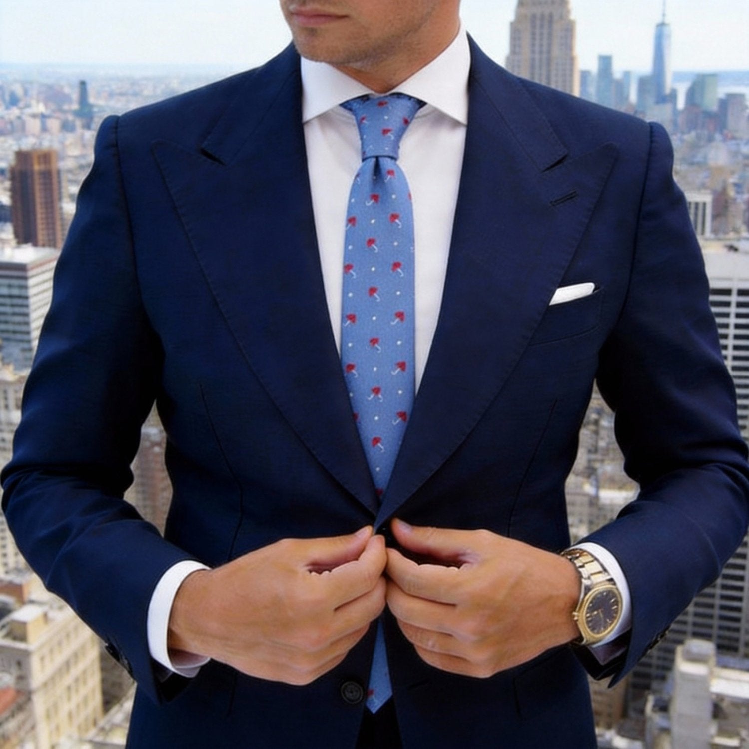 Blue Necktie With Red Umbrella & White Dot