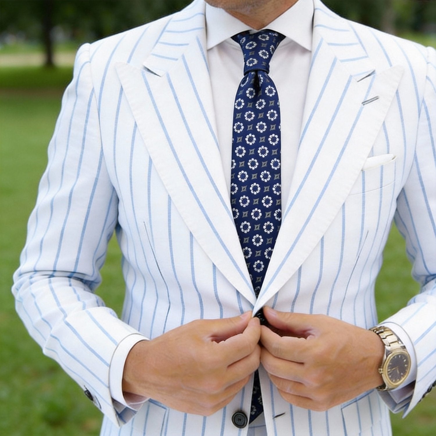 Blue Necktie With White Floral & Gray Diamond