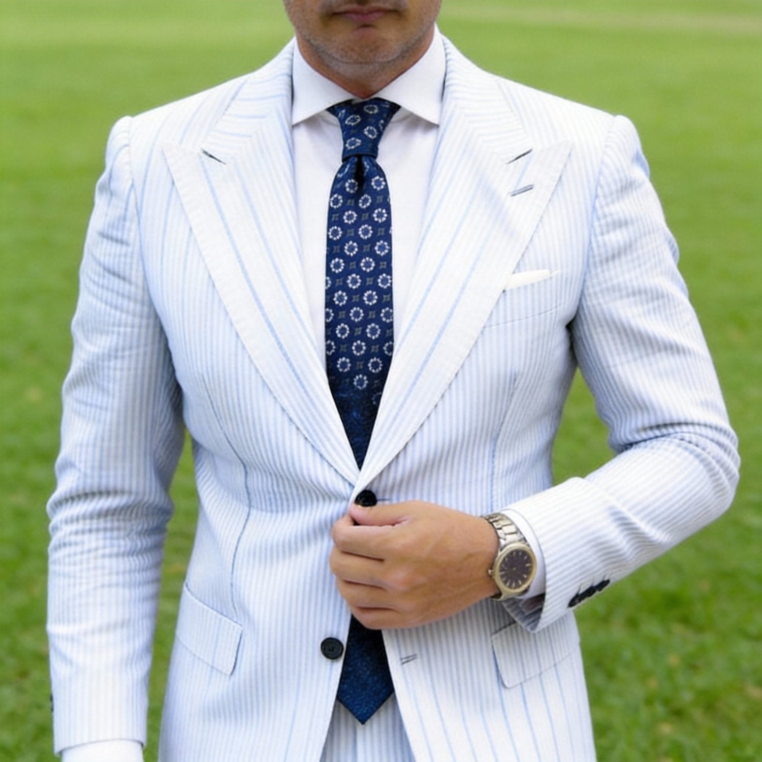 Blue Necktie With White Floral & Gray Diamond