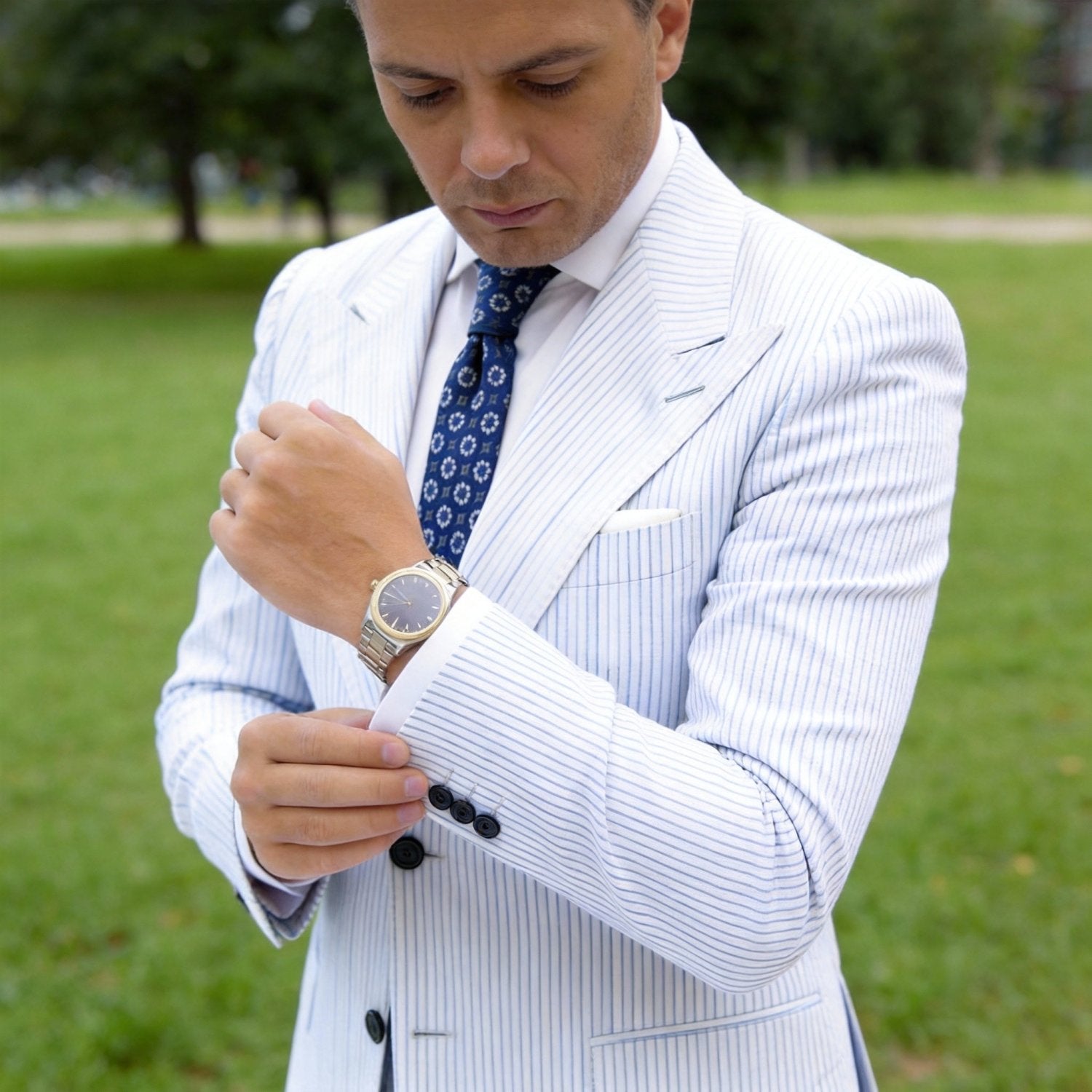 Blue Necktie With White Floral & Gray Diamond