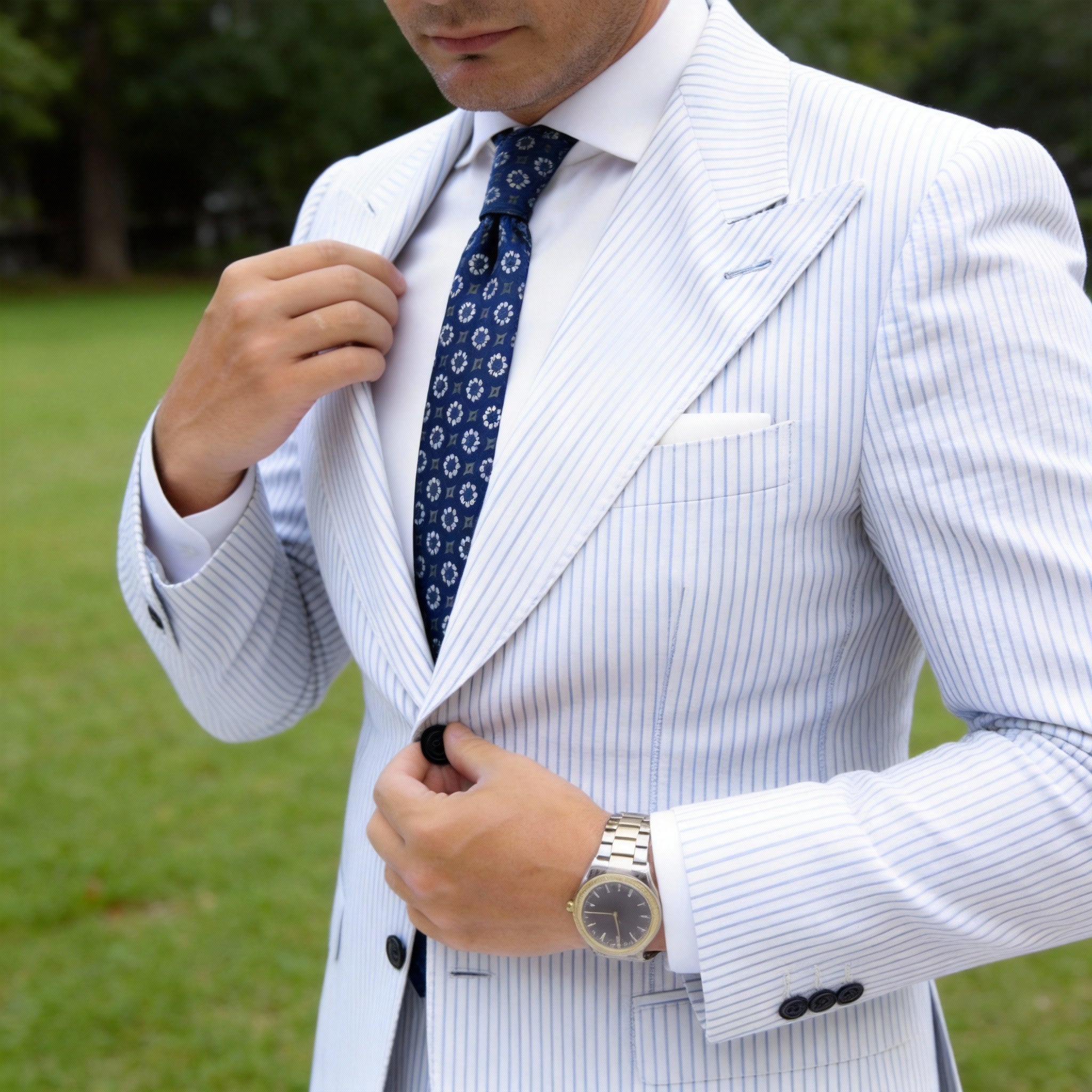 Blue Necktie With White Floral & Gray Diamond