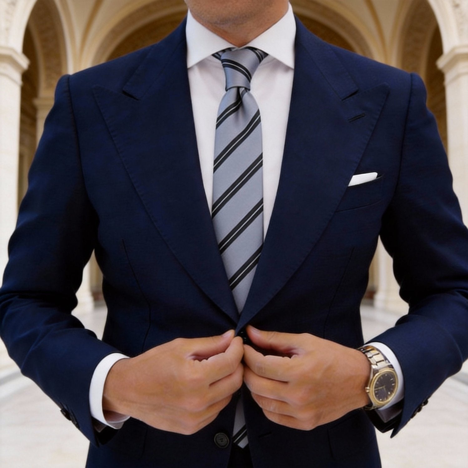 Gray Necktie with Black and White Stripes