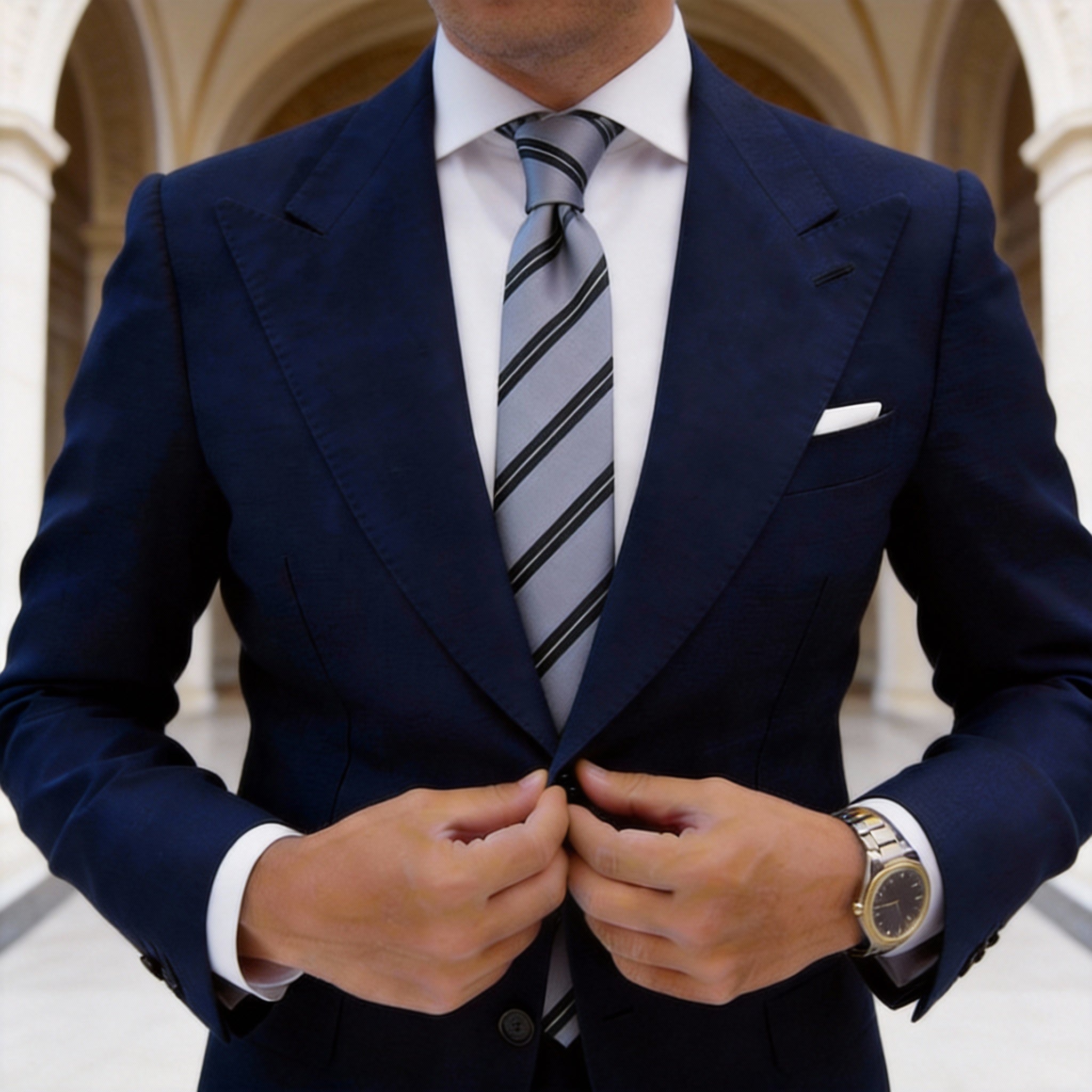 Gray Necktie with Black and White Stripes