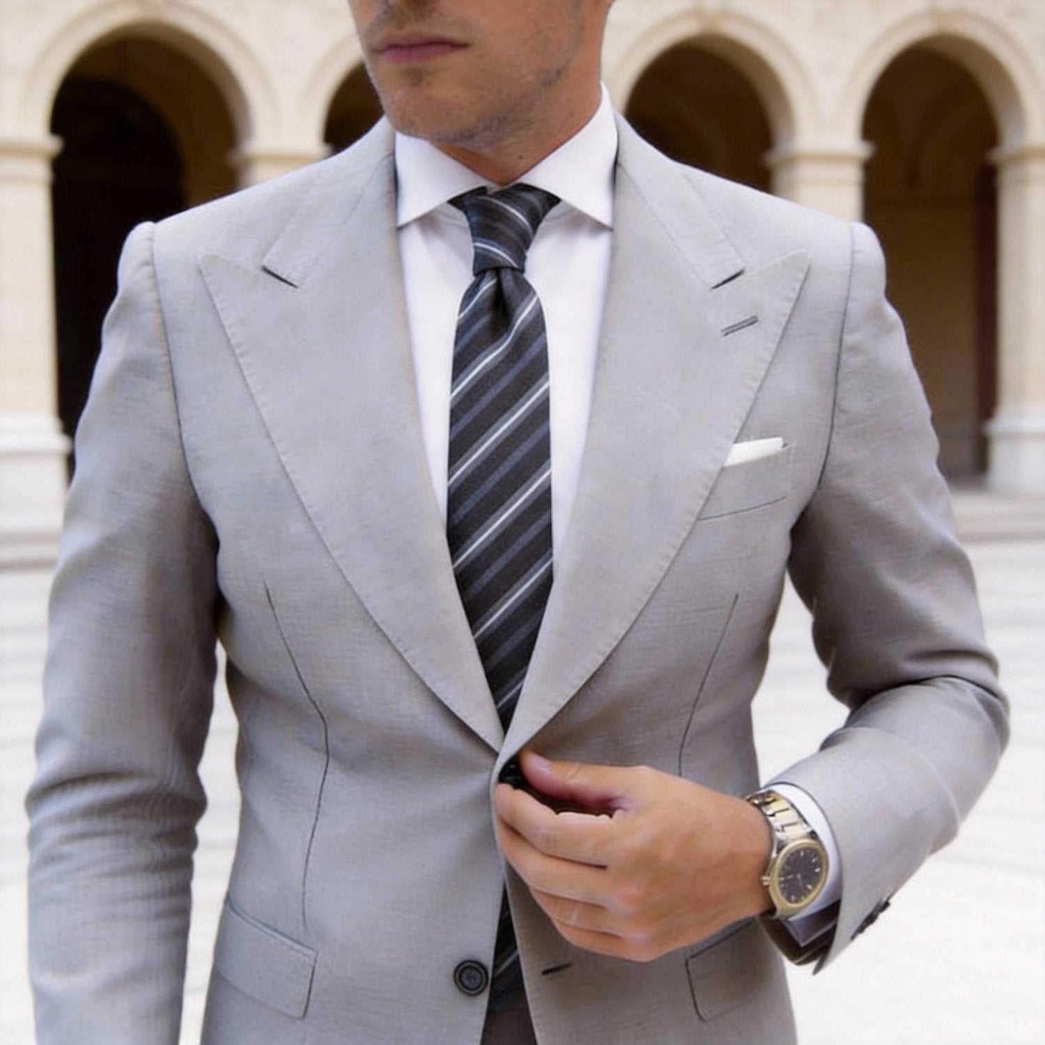 Dark Gray With White & Light Gray Striped Necktie