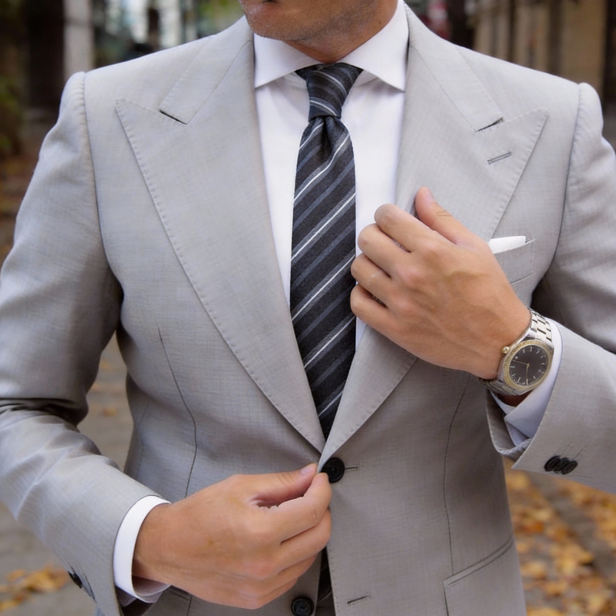 Dark Gray With White & Light Gray Striped Necktie