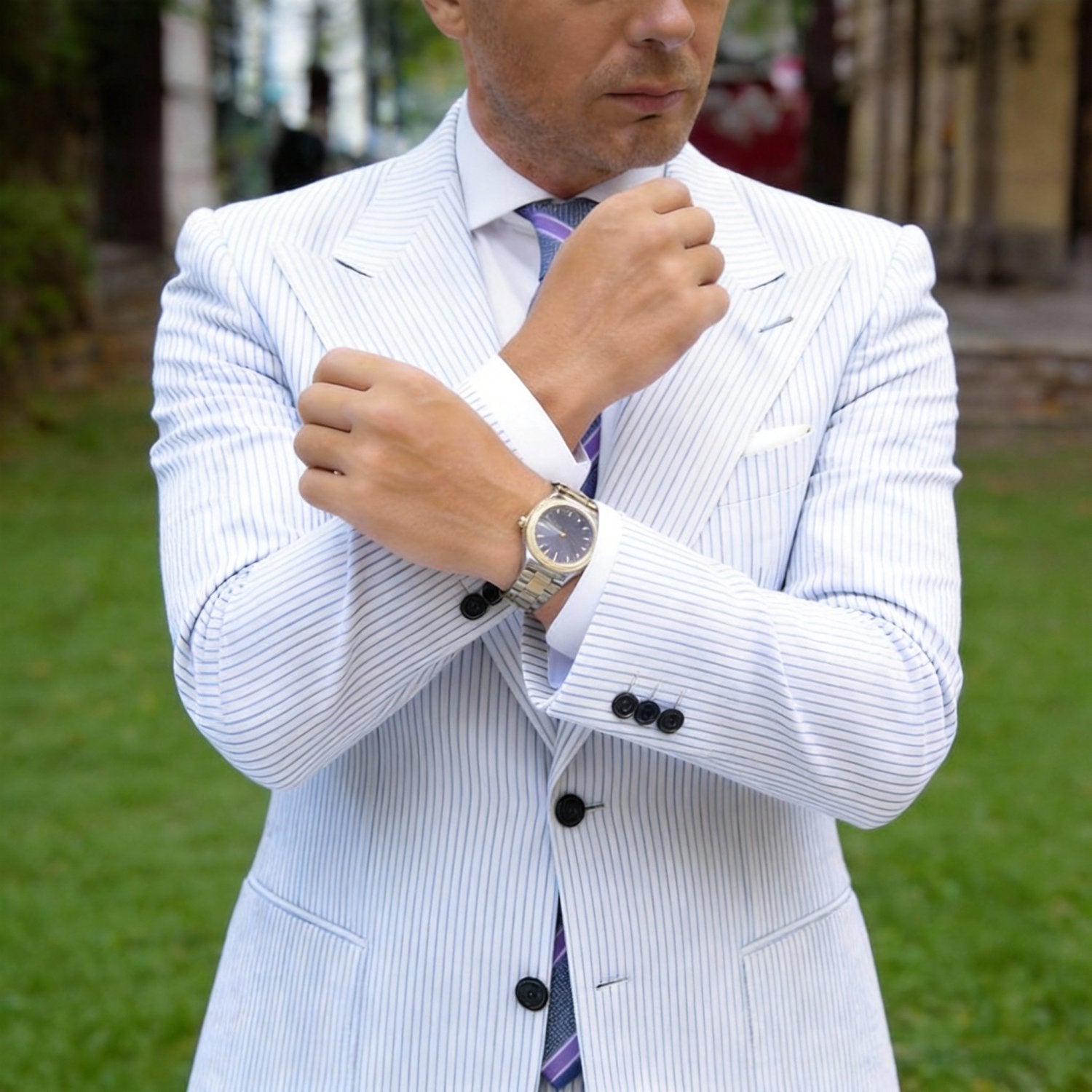 Blue With White Dots & Purple Stripes Necktie