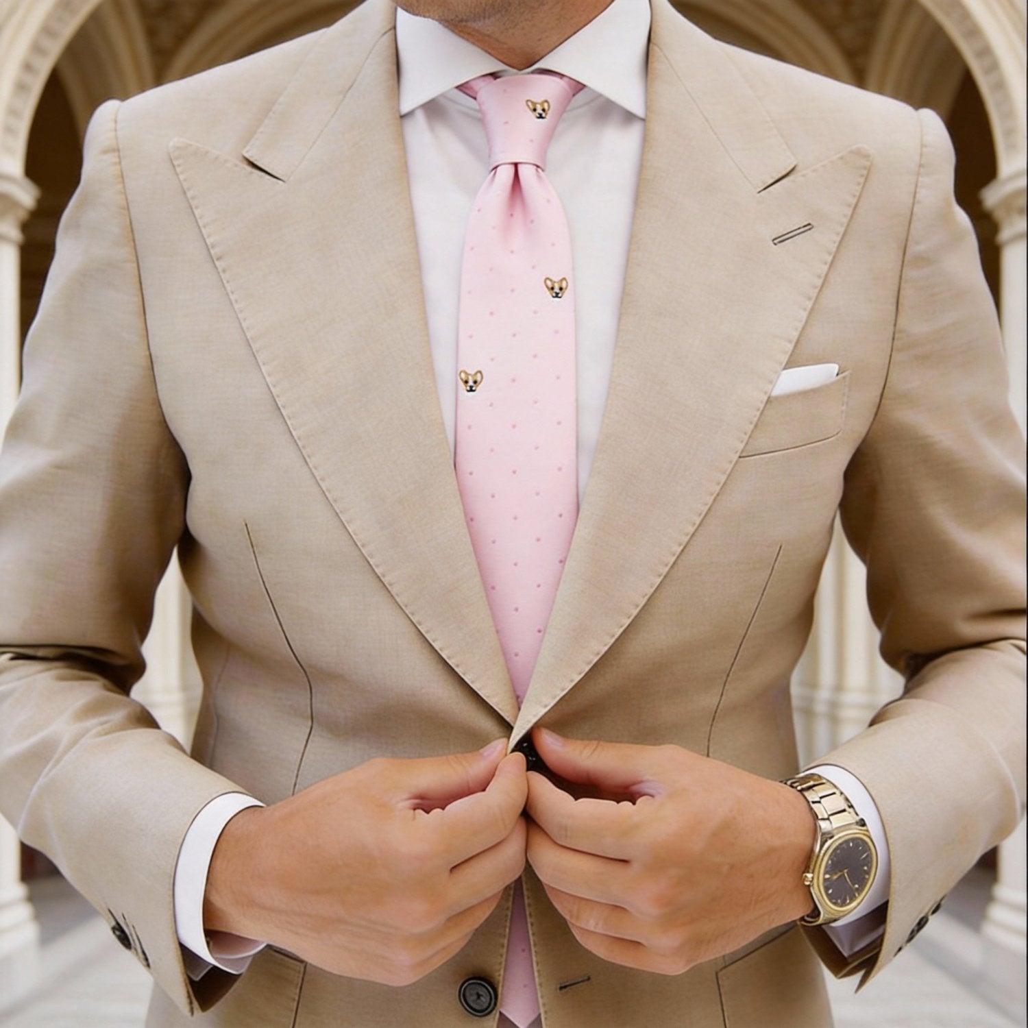 Pink with Brown Dog & Dots Necktie