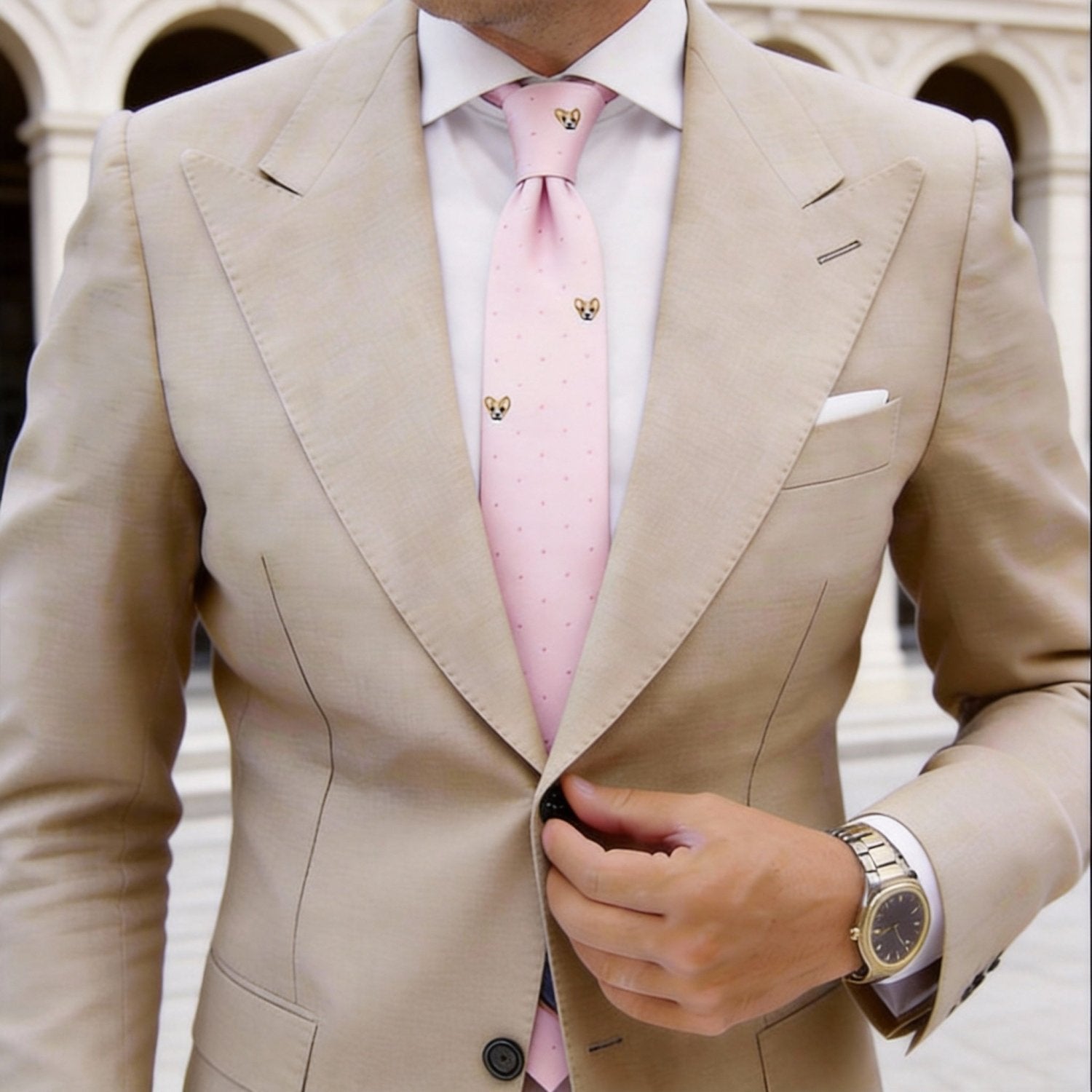 Pink with Brown Dog & Dots Necktie