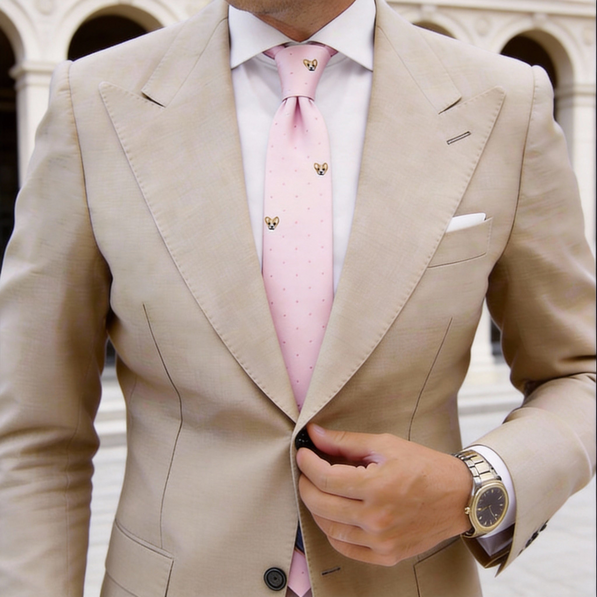 Pink with Brown Dog & Dots Necktie