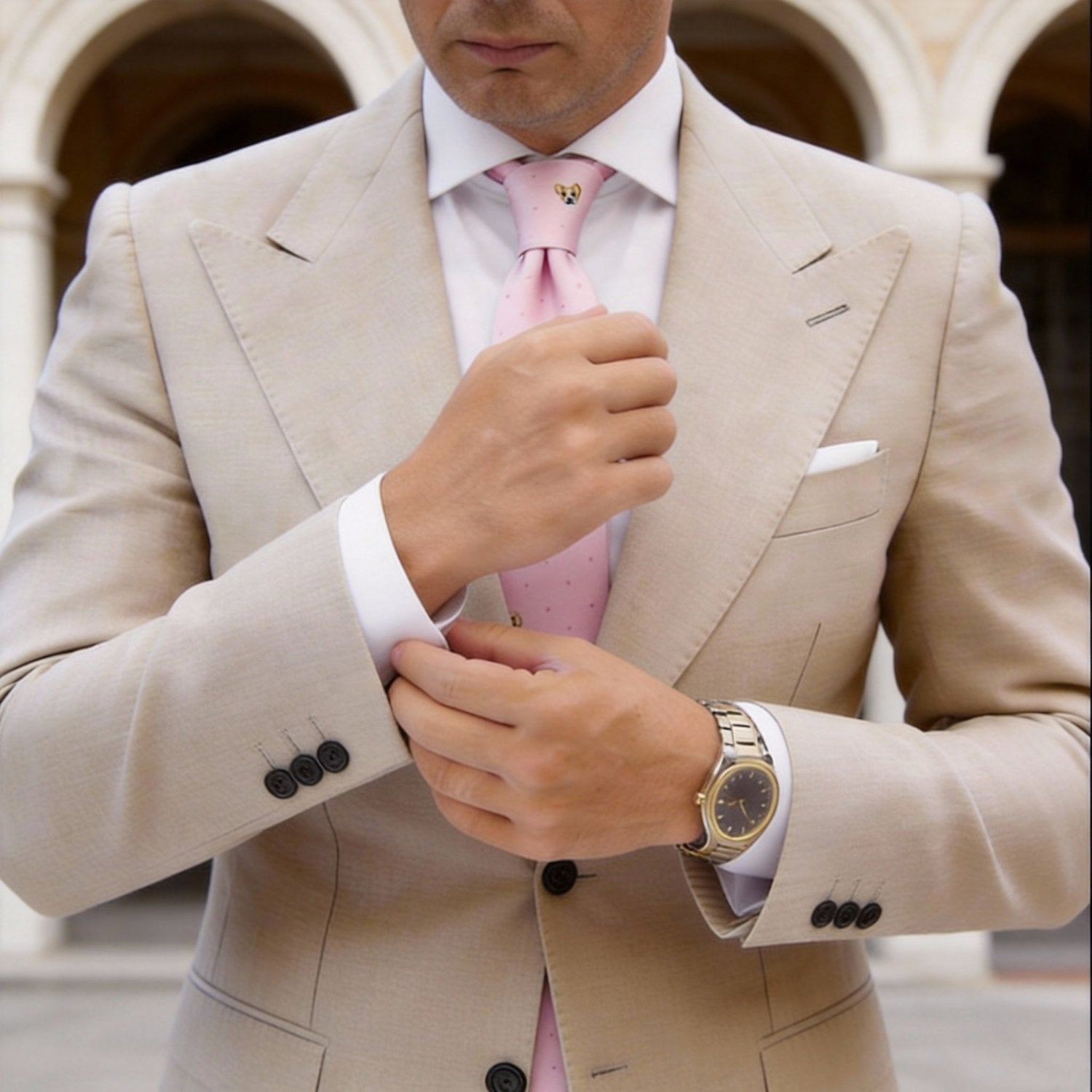 Pink with Brown Dog & Dots Necktie