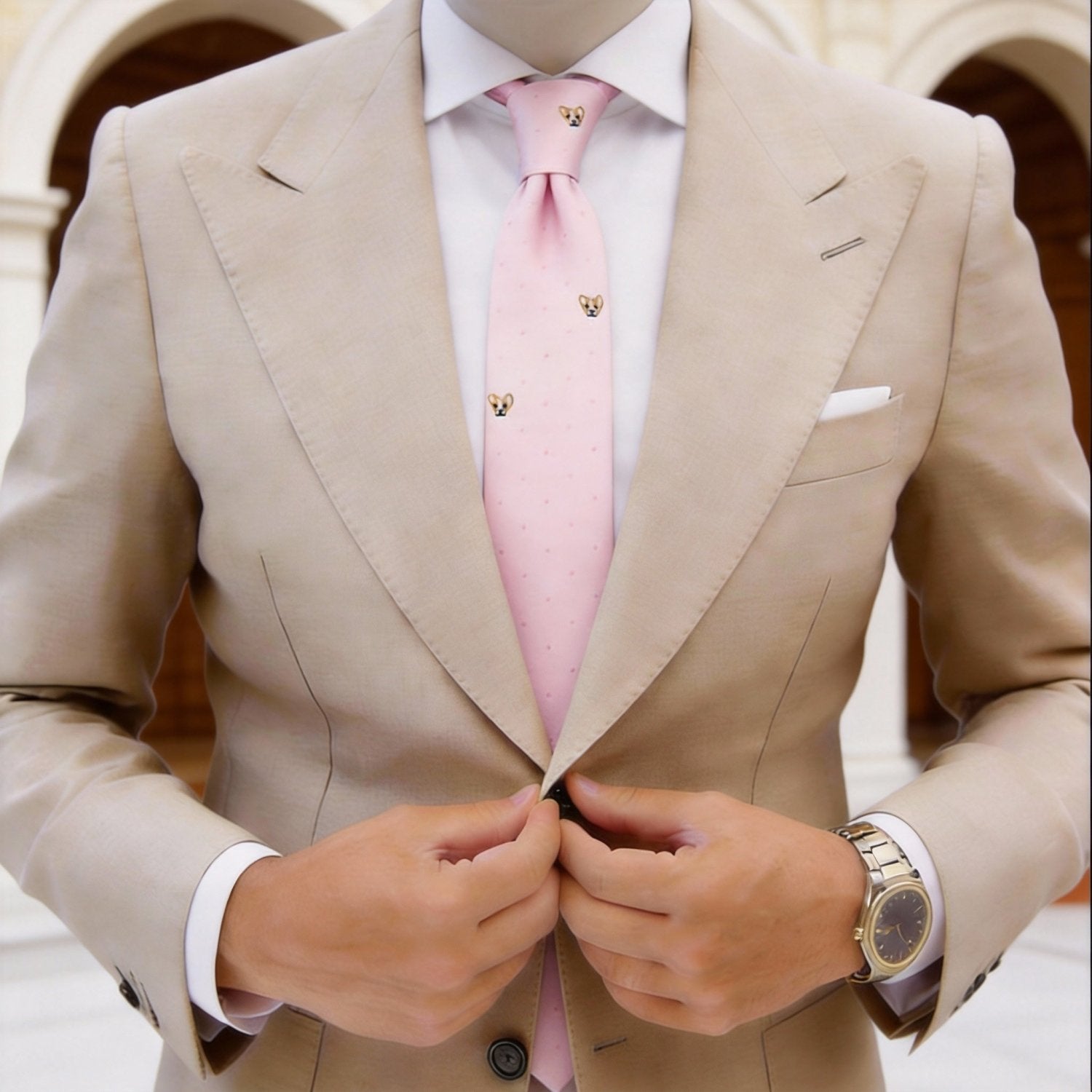 Pink with Brown Dog & Dots Necktie