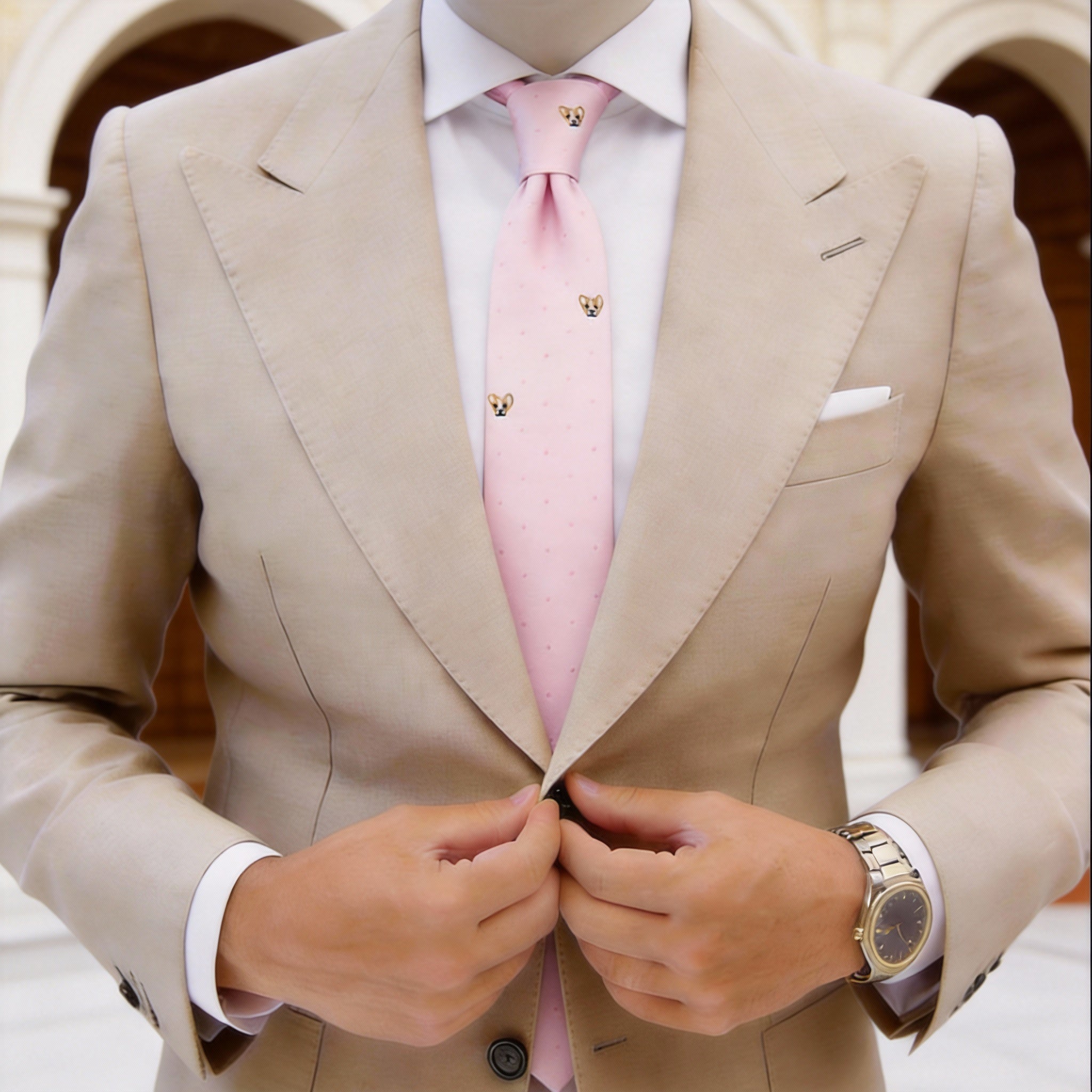 Pink with Brown Dog & Dots Necktie