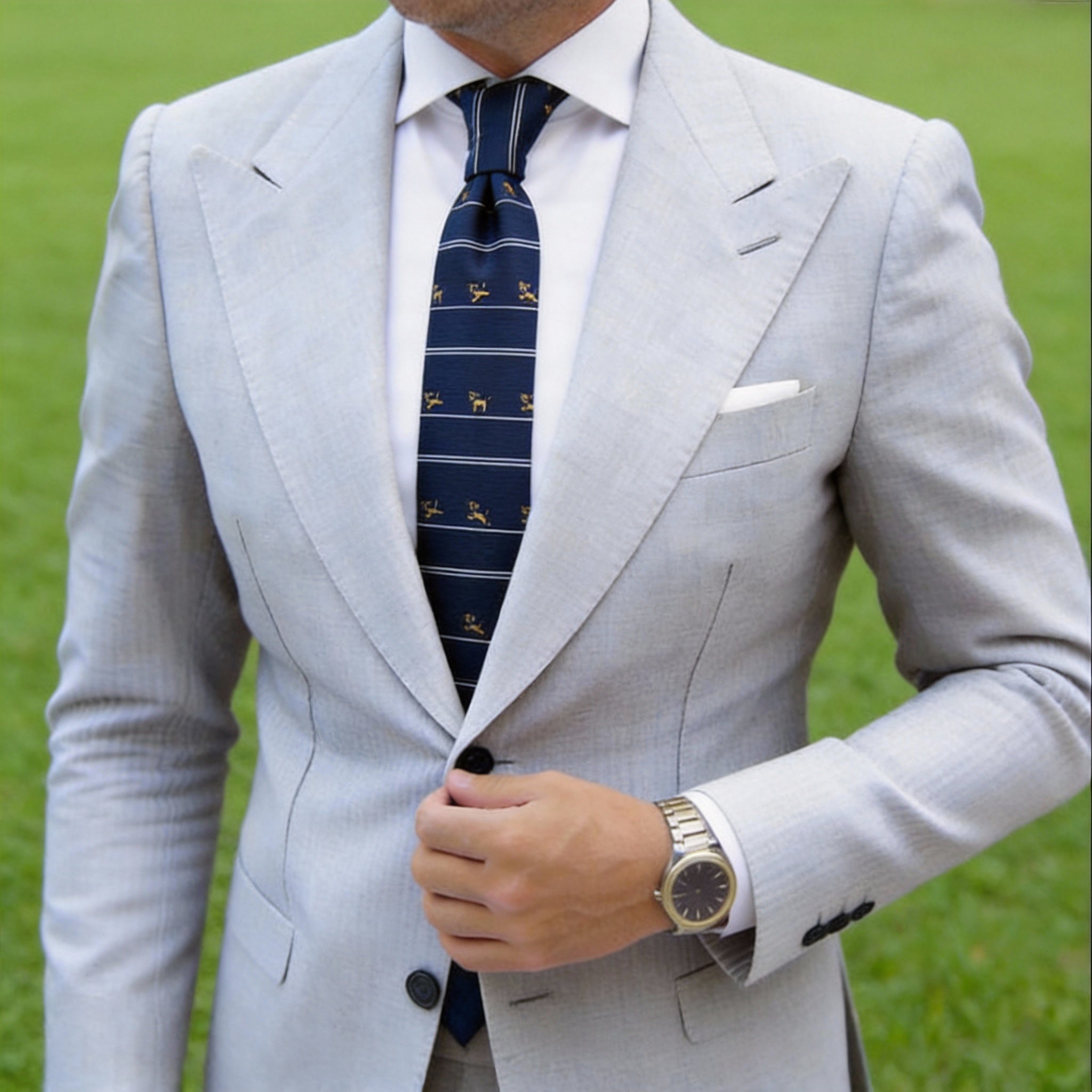 Blue Necktie With Gold Dogs and White Stripes